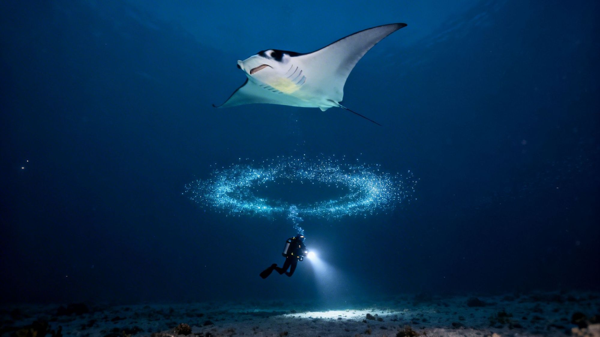 Diver with flashlight swimming under a manta ray in deep ocean, surrounded by bubbles.