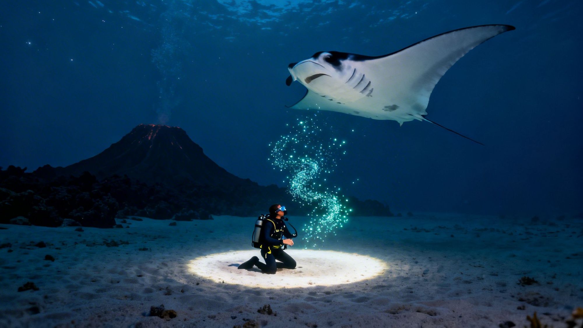 Diver illuminated on ocean floor with a manta ray and glowing particles, near an underwater volcano.