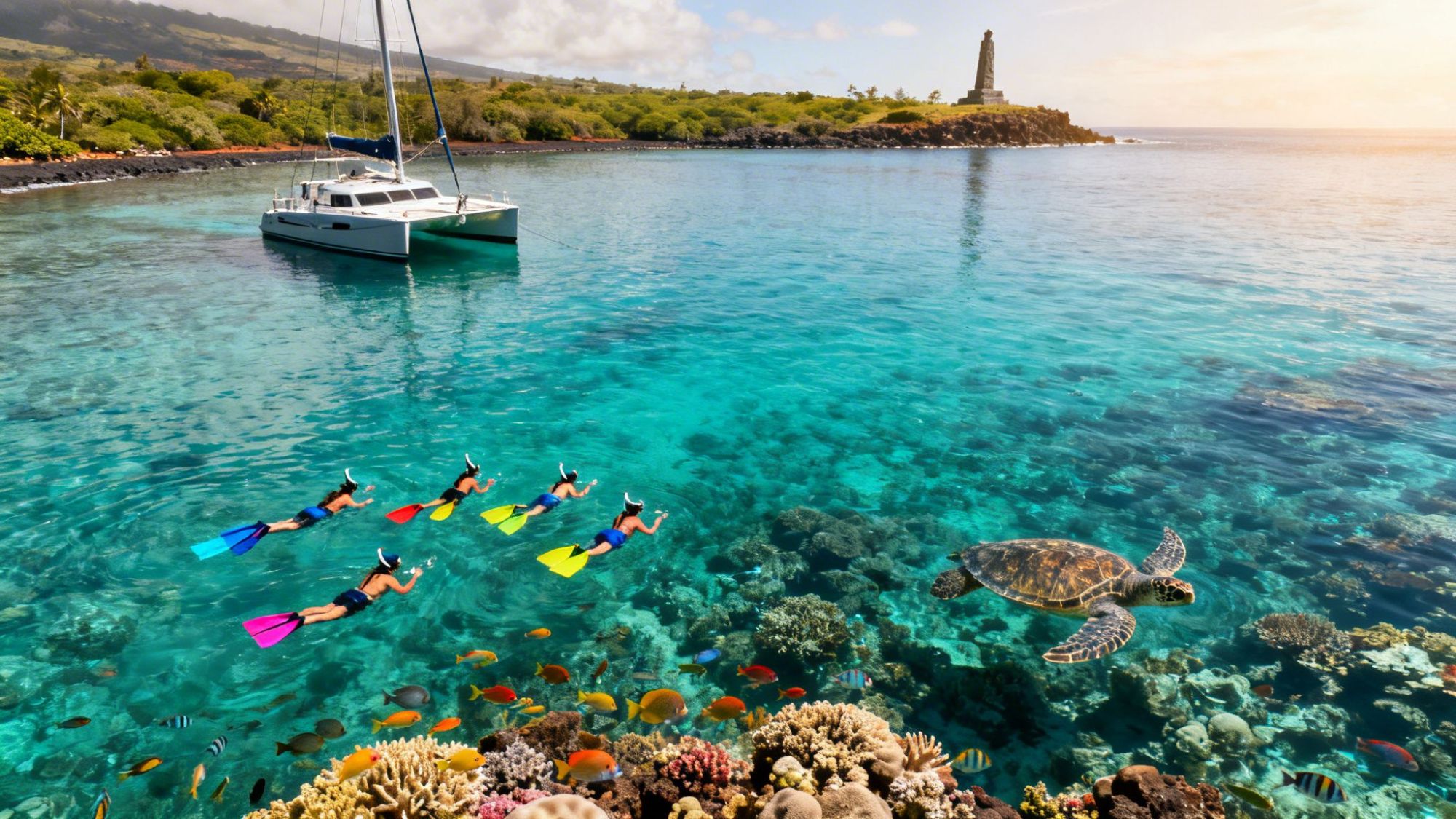 Snorkelers and a sea turtle in clear water near a sailboat and coral reef with land in the background.
