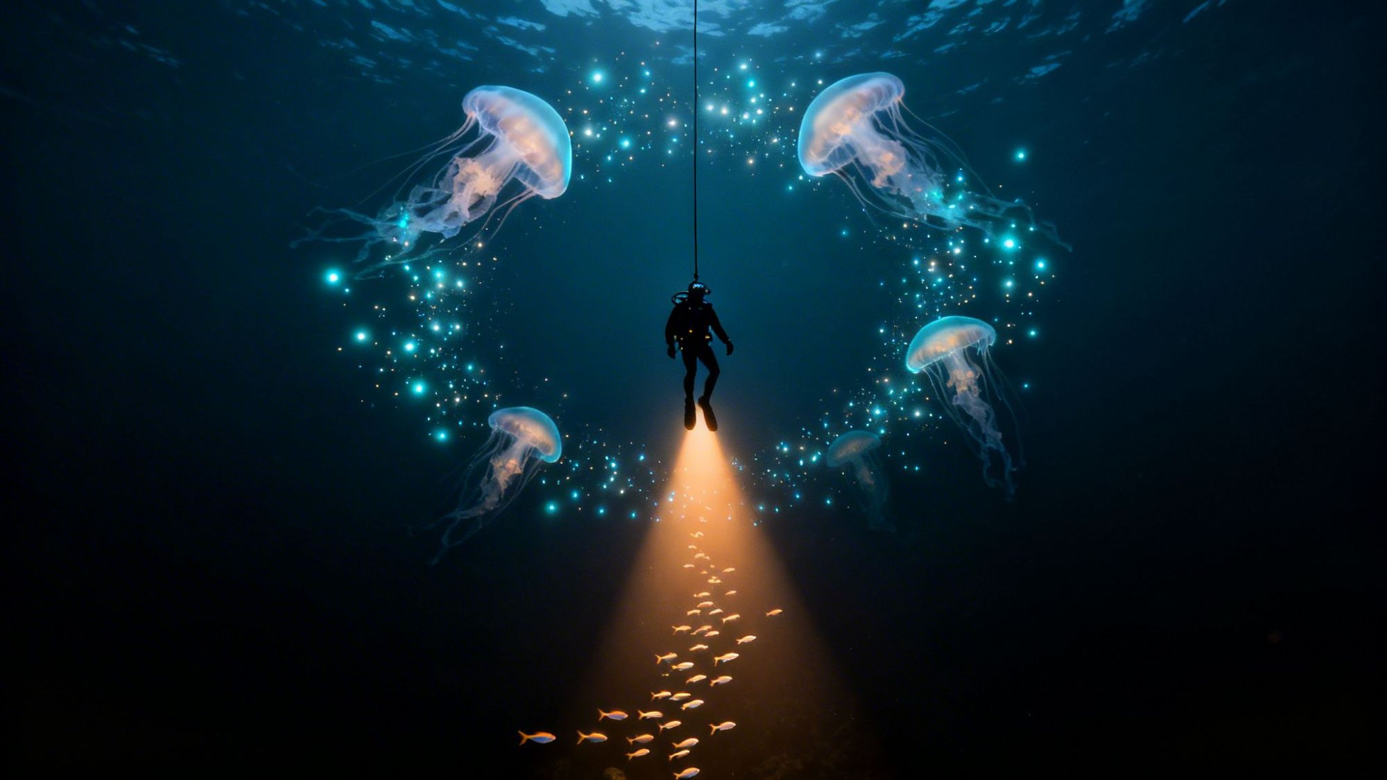 Diver illuminated in ocean surrounded by glowing jellyfish and fish.