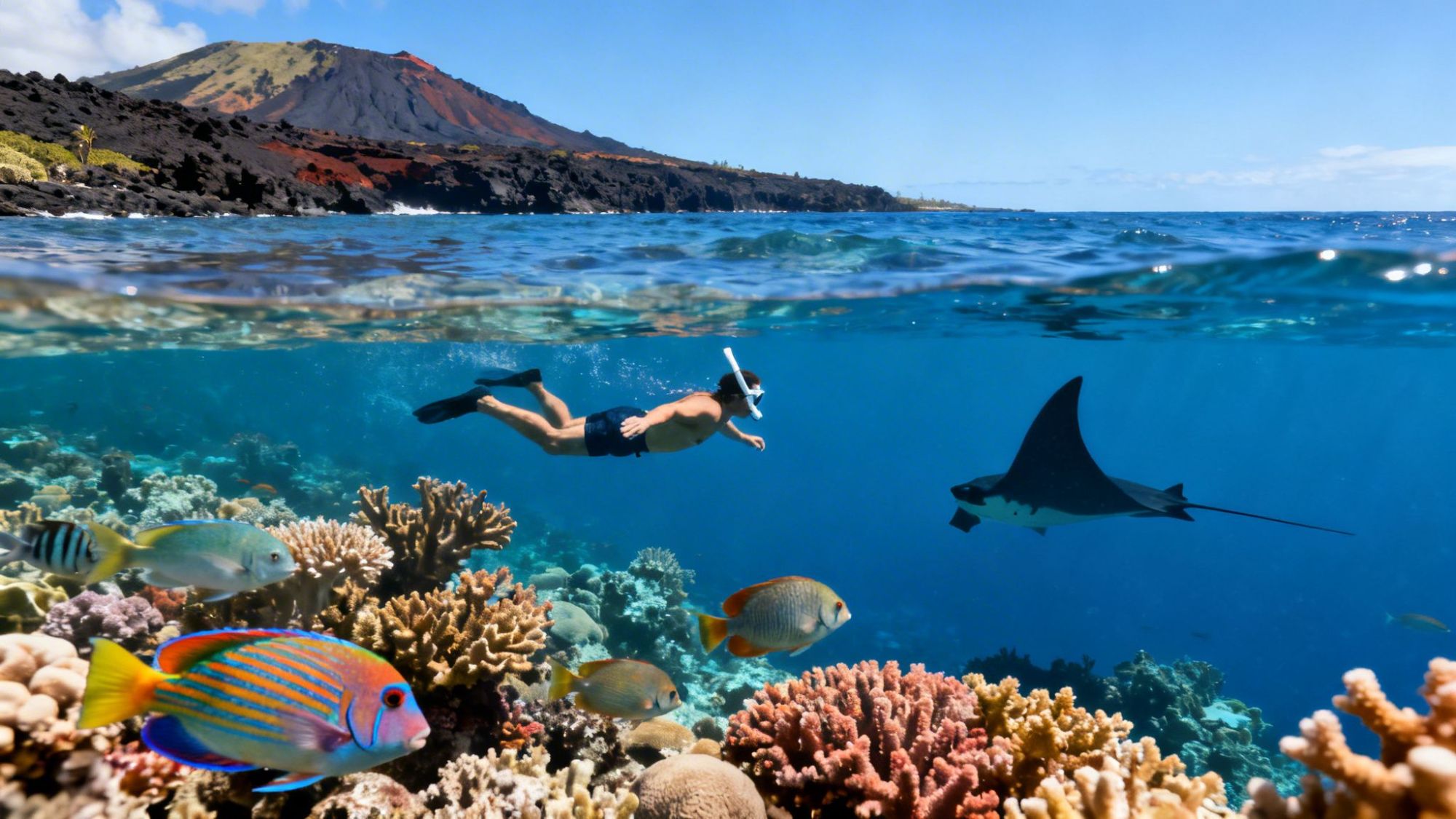 Person snorkeling near coral reef and manta ray, with volcanic island in background.