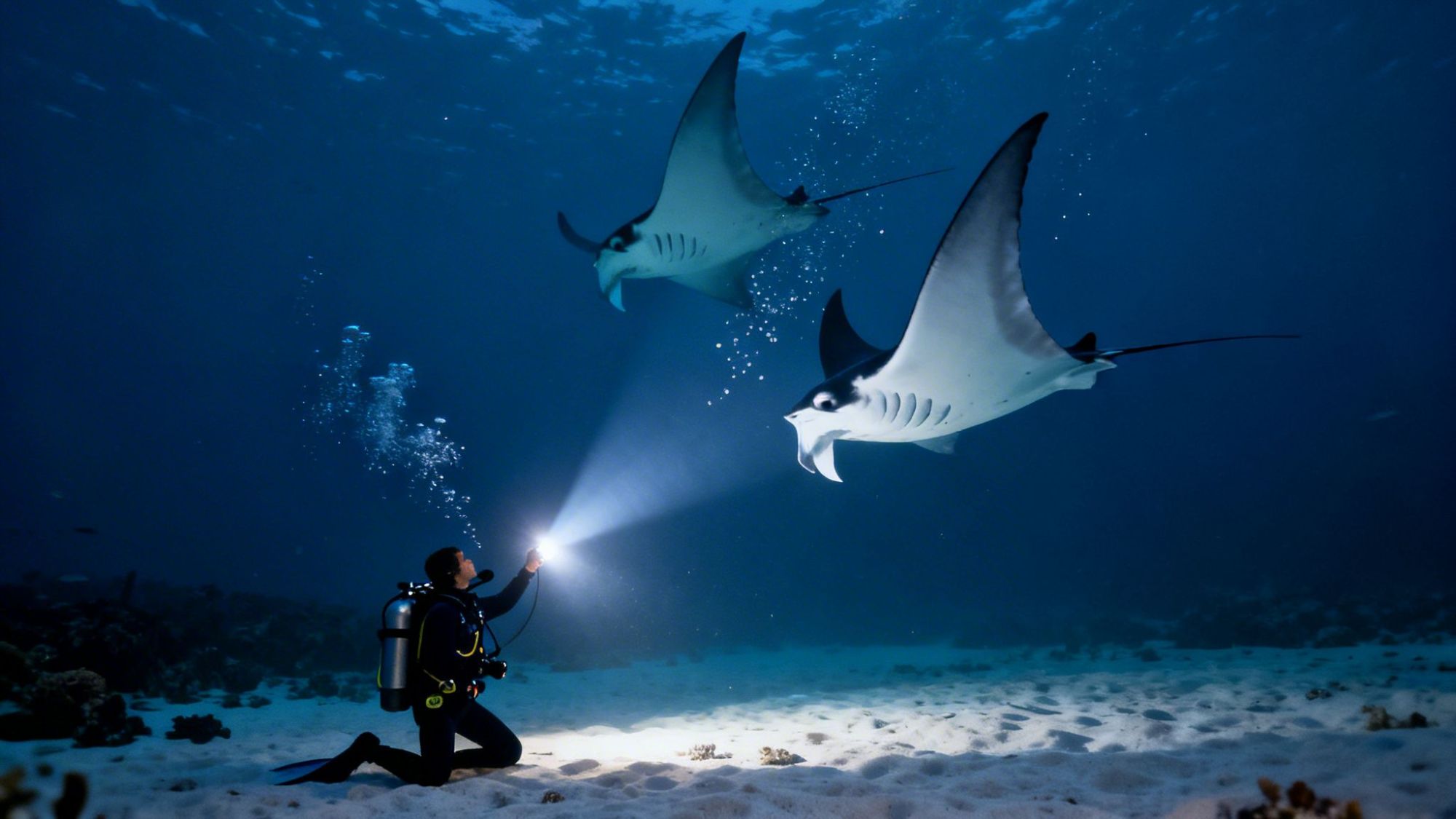 Diver with flashlight observing two manta rays underwater on sandy ocean floor.