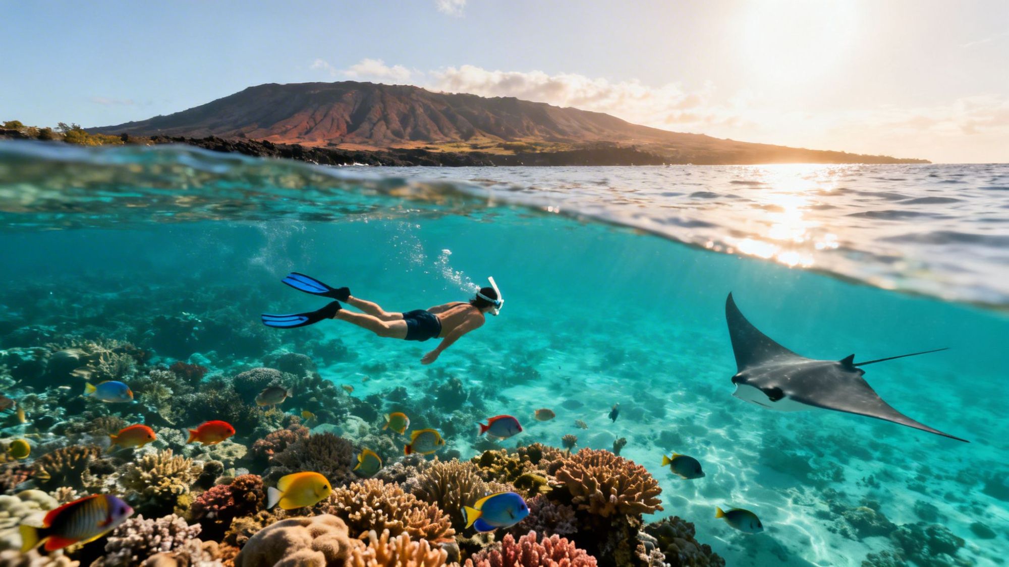 Snorkeler swims near colorful coral reef and manta ray in clear water, mountain in background.