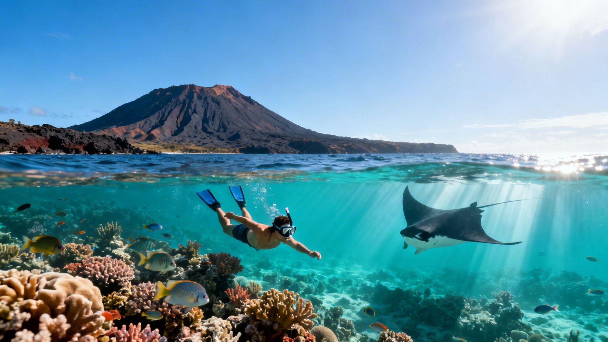 Person snorkeling near coral reef with manta ray and volcano island in background.