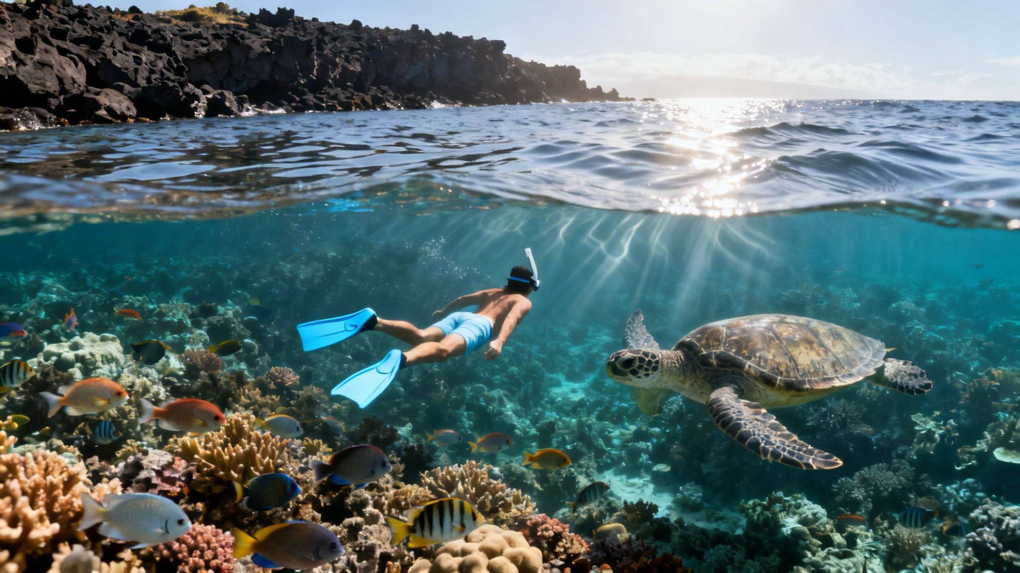 Person snorkeling near a sea turtle in clear water over vibrant coral reef.