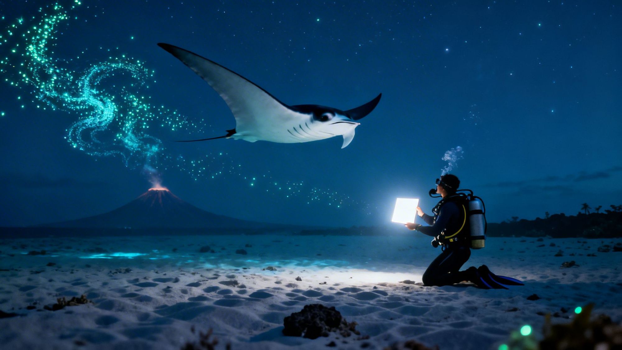 Scuba diver kneeling on ocean floor with glowing tablet, manta ray swimming above, and glowing particles near volcano.