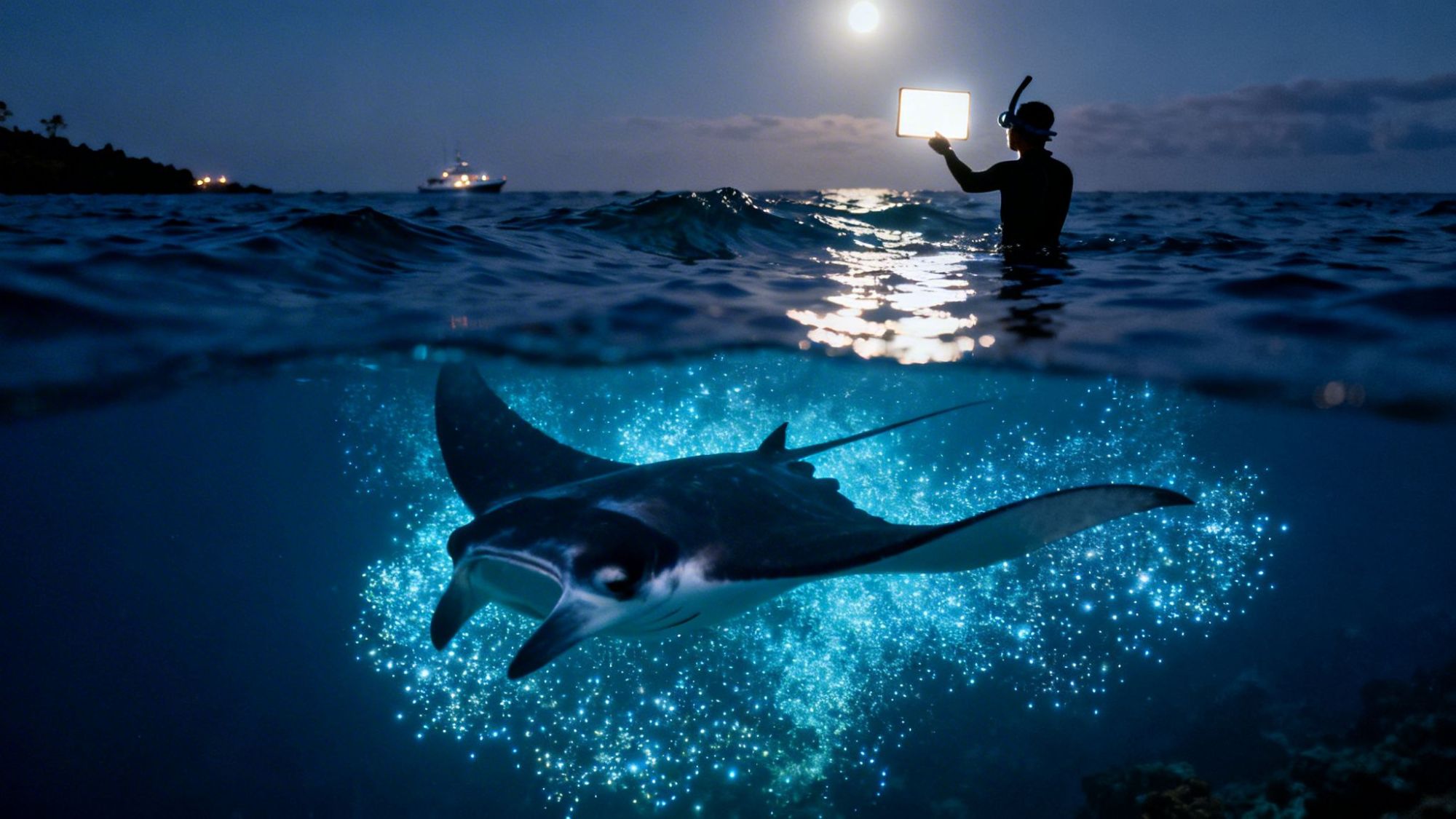 Snorkeler holding light above a glowing manta ray underwater at night, with a boat in the background.