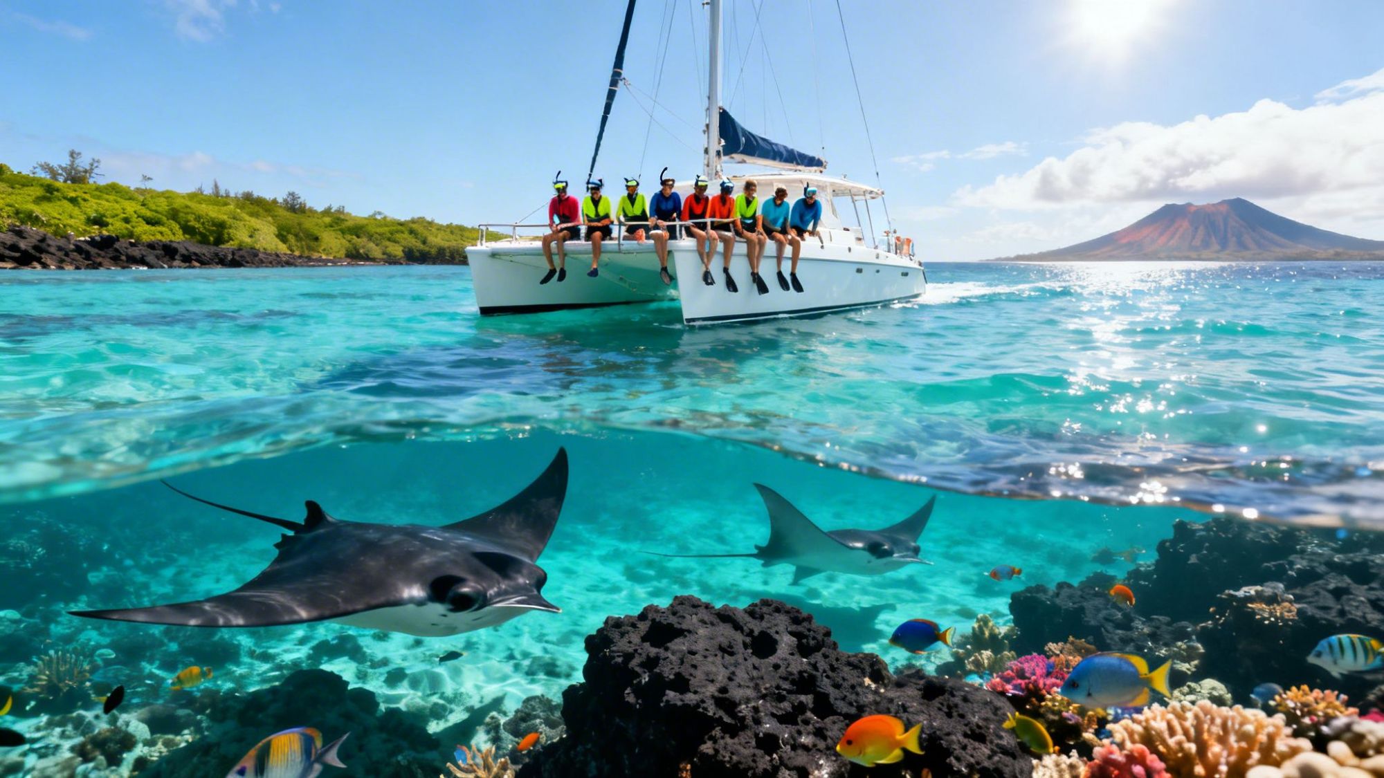 People on a boat in clear water with manta rays below and a volcano in the background.