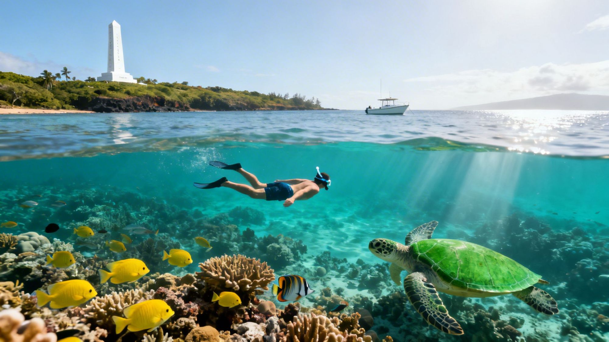 Snorkeler swims underwater with sea turtle near coral reef; lighthouse on coastal hill in background.