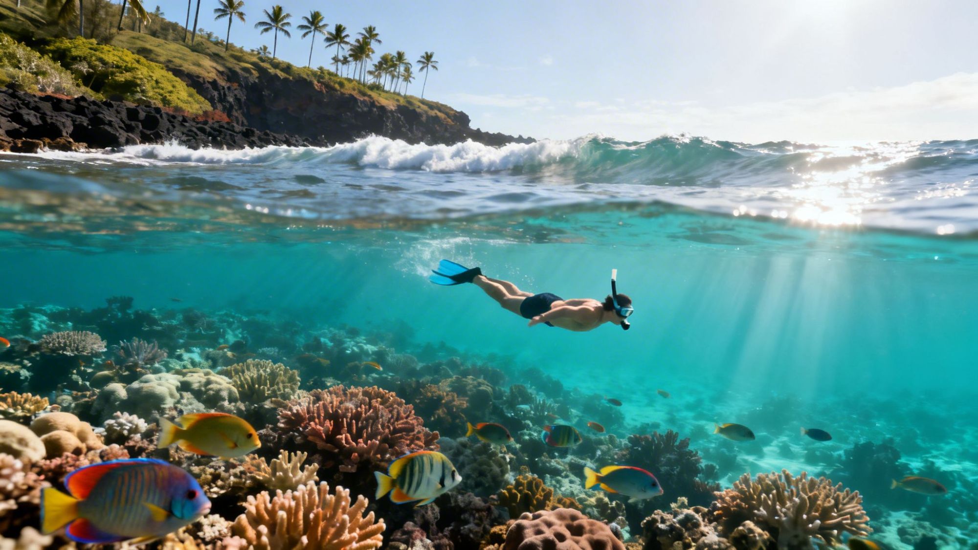 Person snorkeling over coral reef with colorful fish, under clear water, near a tropical island with palm trees.