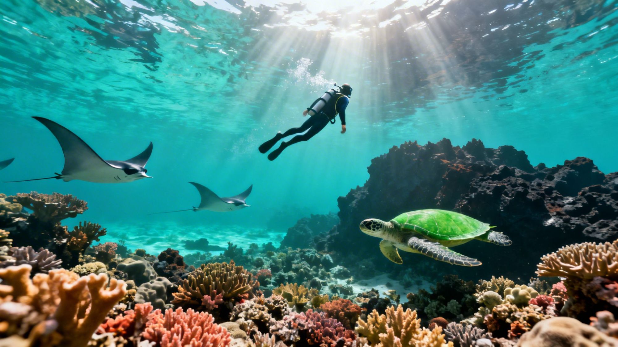 Diver swimming above colorful coral reef with rays and a sea turtle.