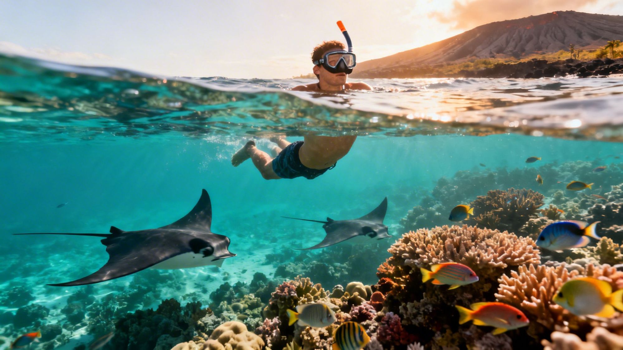 Snorkeler swims above coral reef with colorful fish and rays, sunny hills in background.