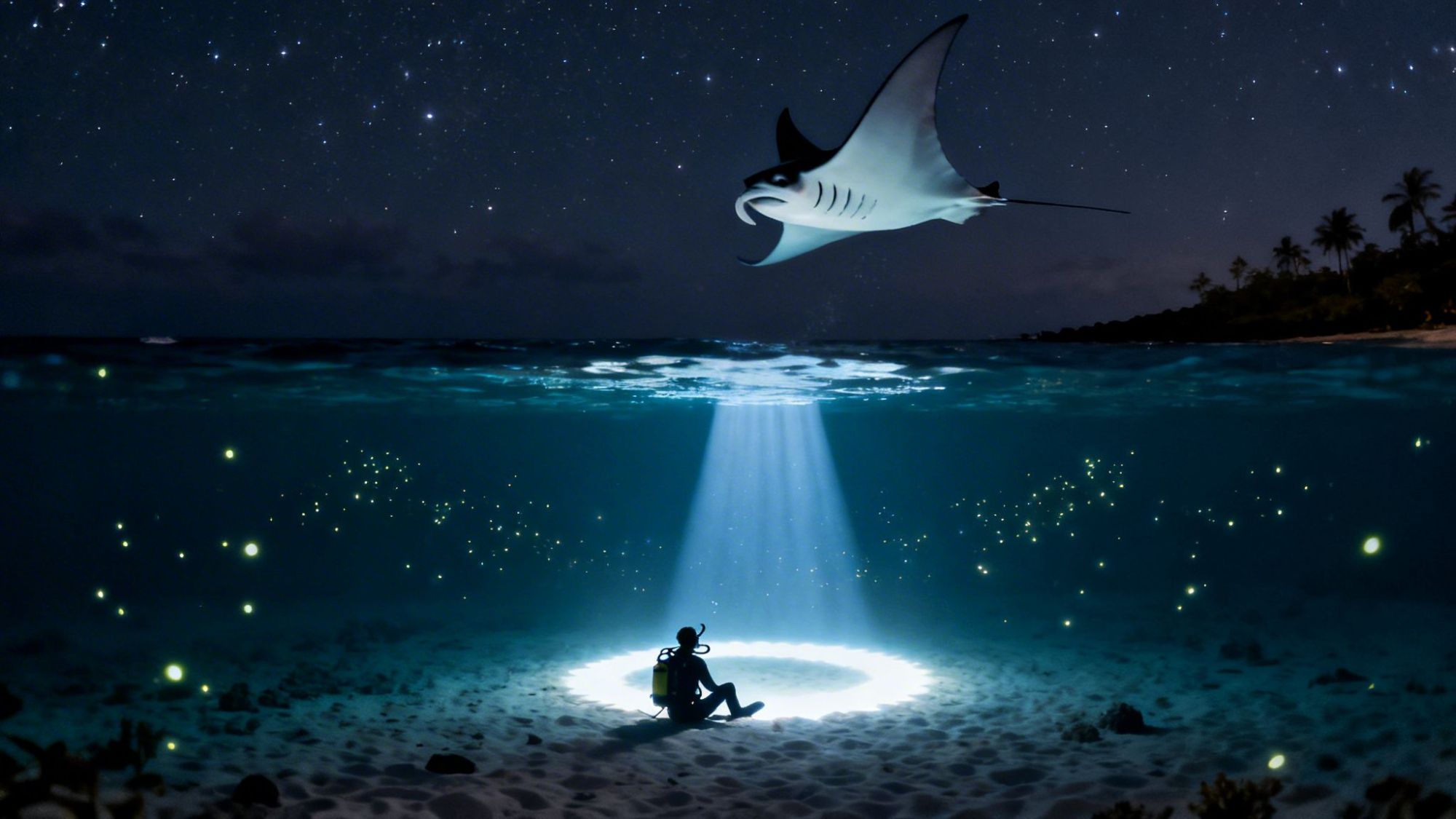 Diver under ocean with manta ray above, illuminated by spotlight, and surrounded by glowing particles.