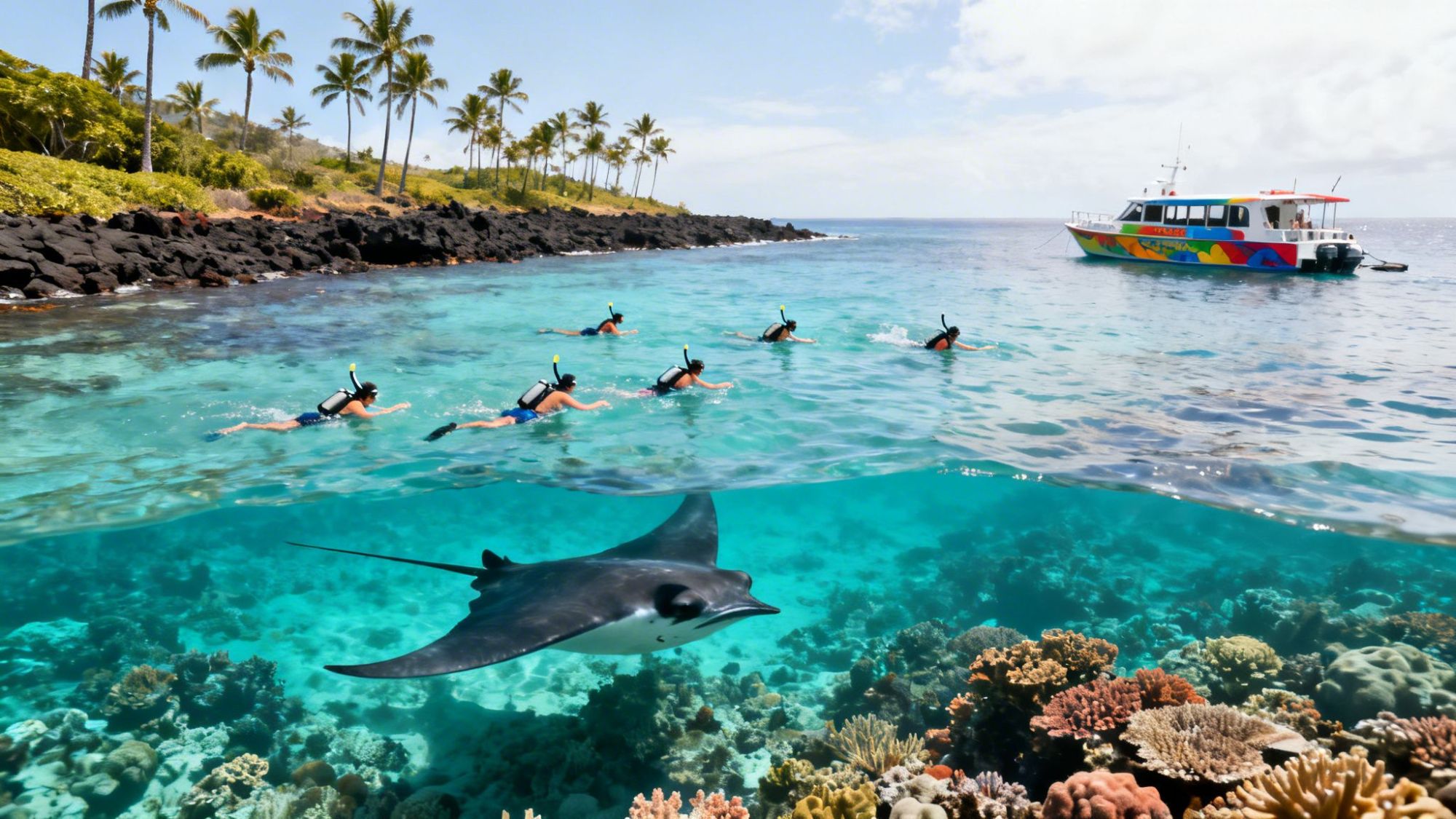 Snorkelers in clear ocean water with a manta ray below; boat and palm trees in background.