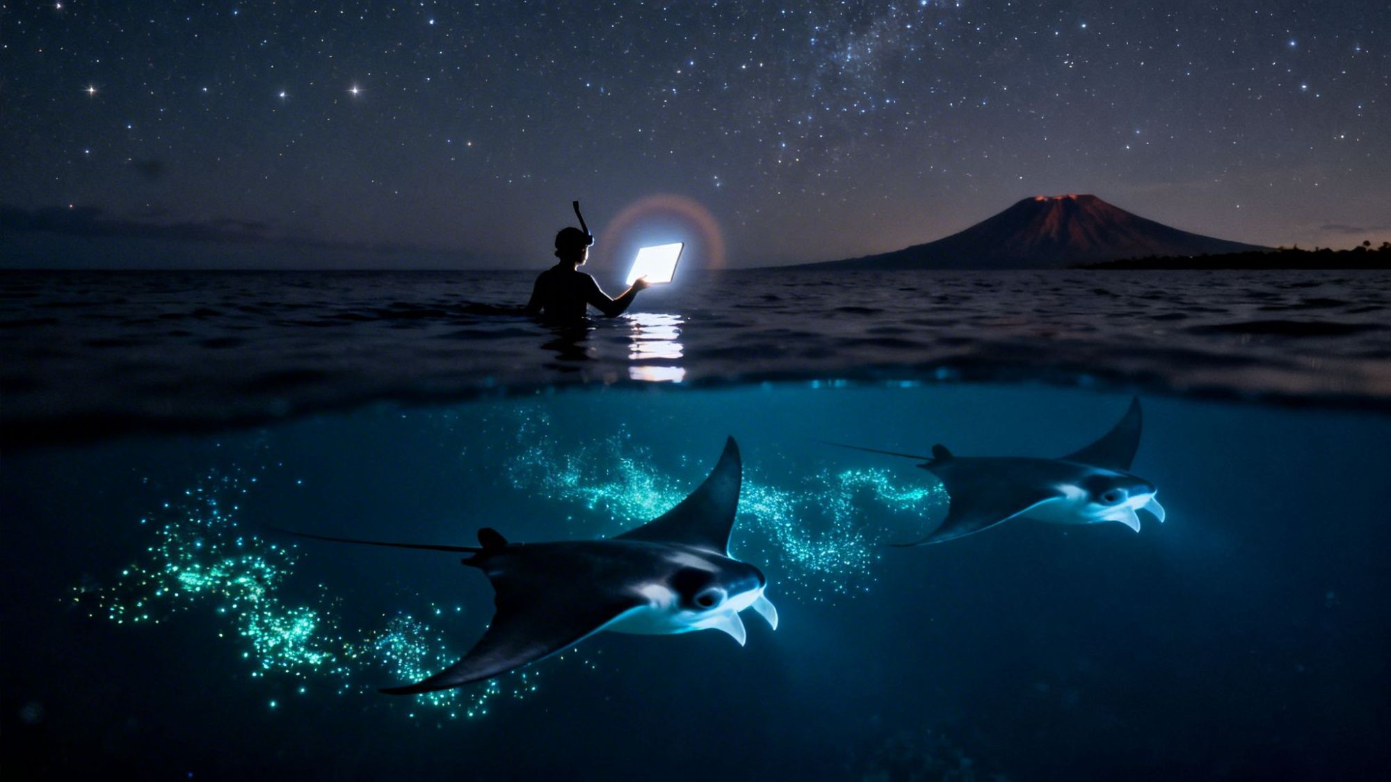 Person in water with laptop under starry sky; manta rays swimming below.