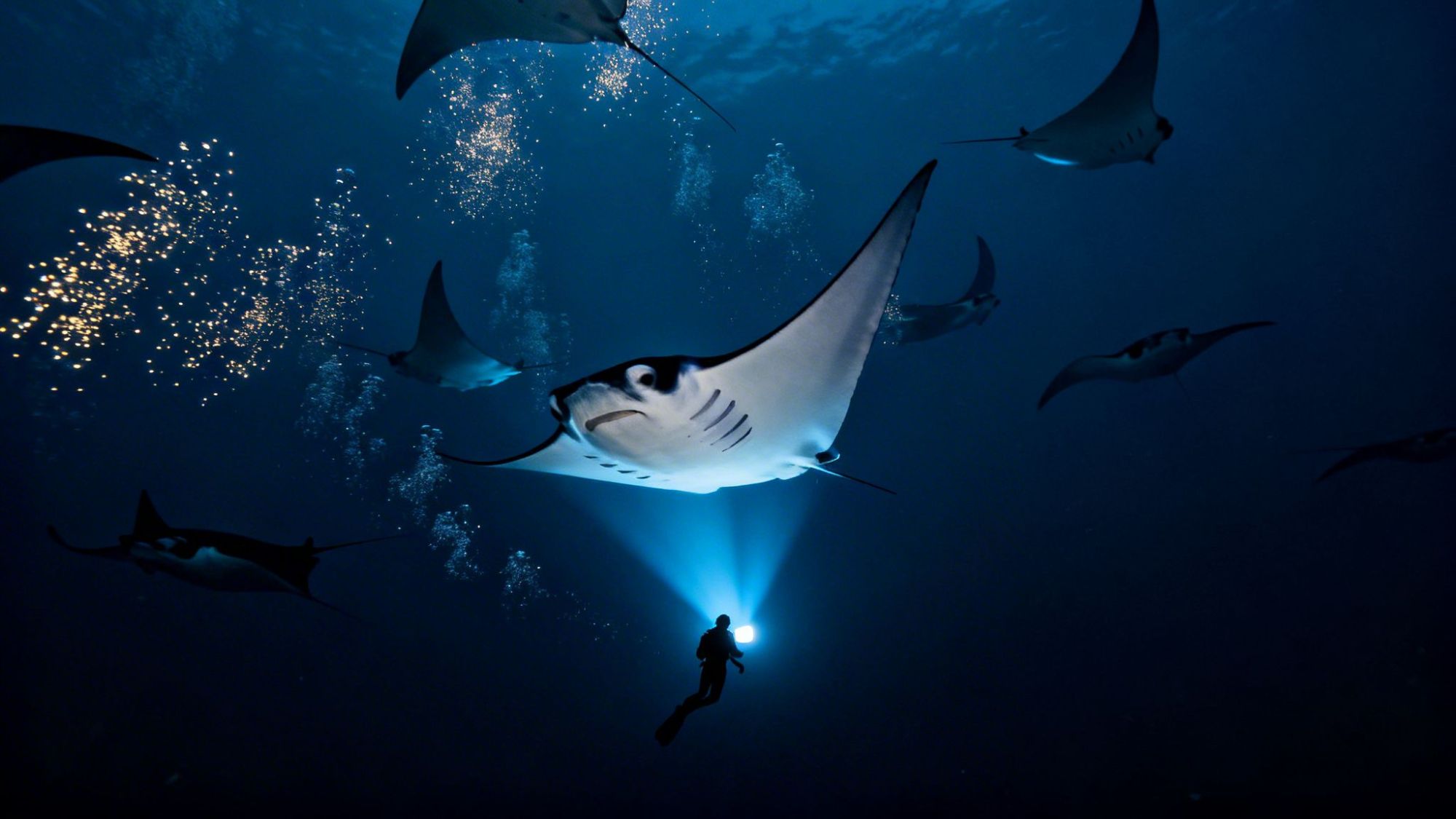 Diver shines light on manta rays in dark, underwater scene with bubbles.