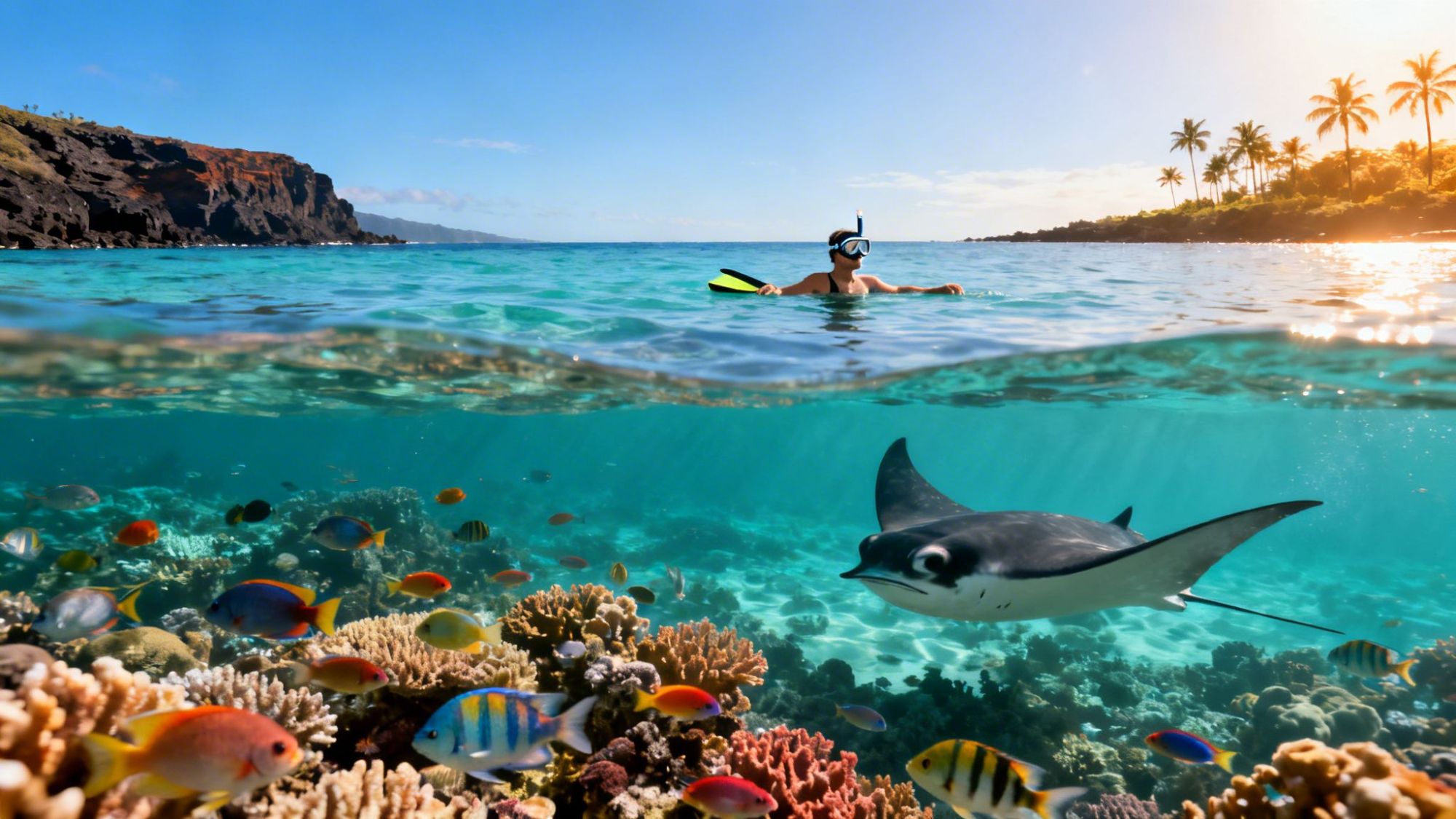 Snorkeler above water with colorful fish and a manta ray swimming over coral reef in a sunny tropical ocean.
