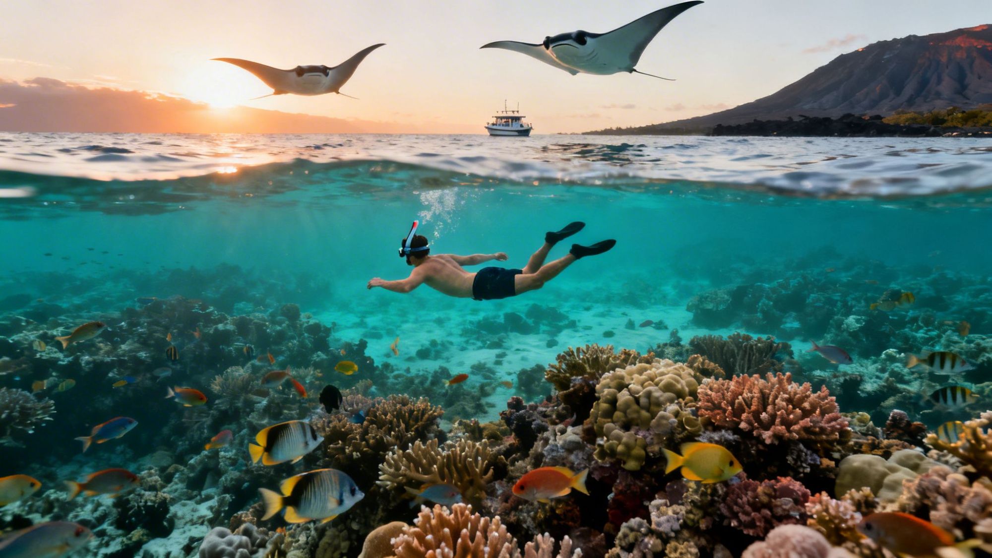 Snorkeler swims over vibrant coral reef with fish, manta rays above, and a boat in the sunset background.