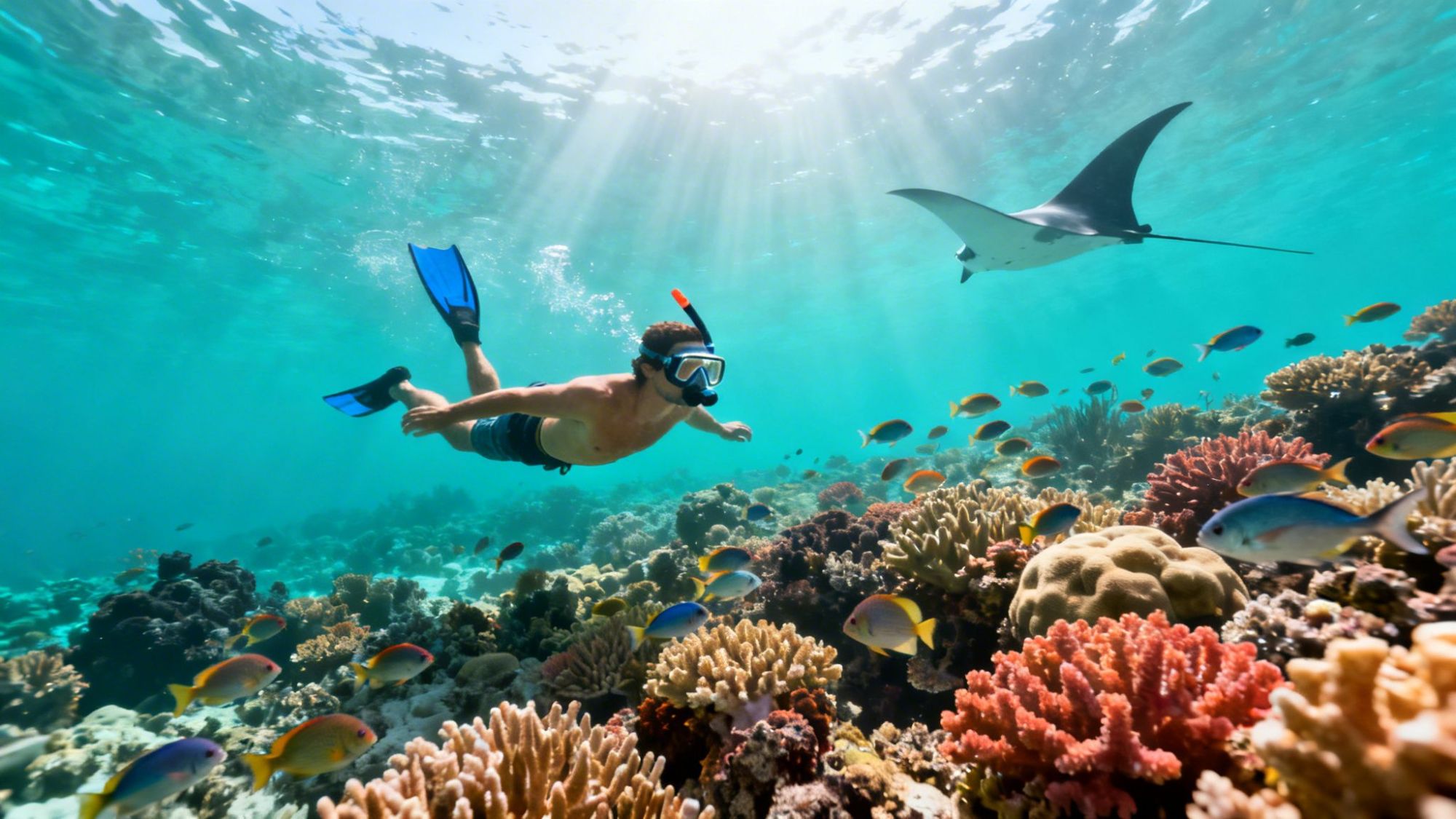 Snorkeler swims near colorful corals and fish, with a manta ray in bright, clear ocean water.