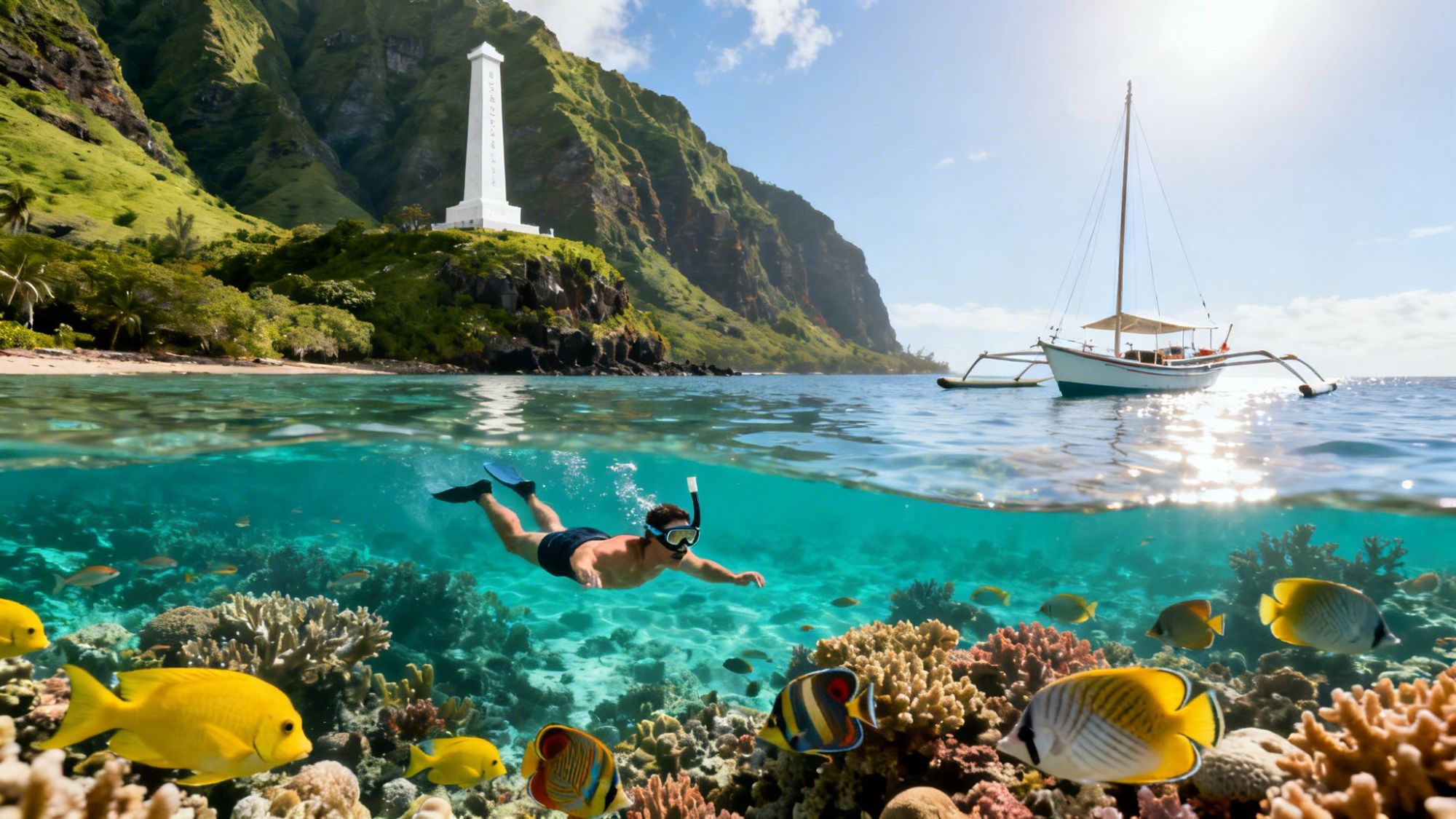 Person snorkeling near coral reef, tropical fish, with boat and monument in background.