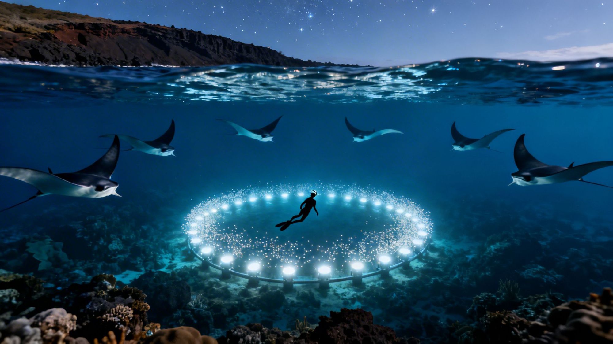 A diver surrounded by manta rays swims above a glowing circular light array underwater at night.