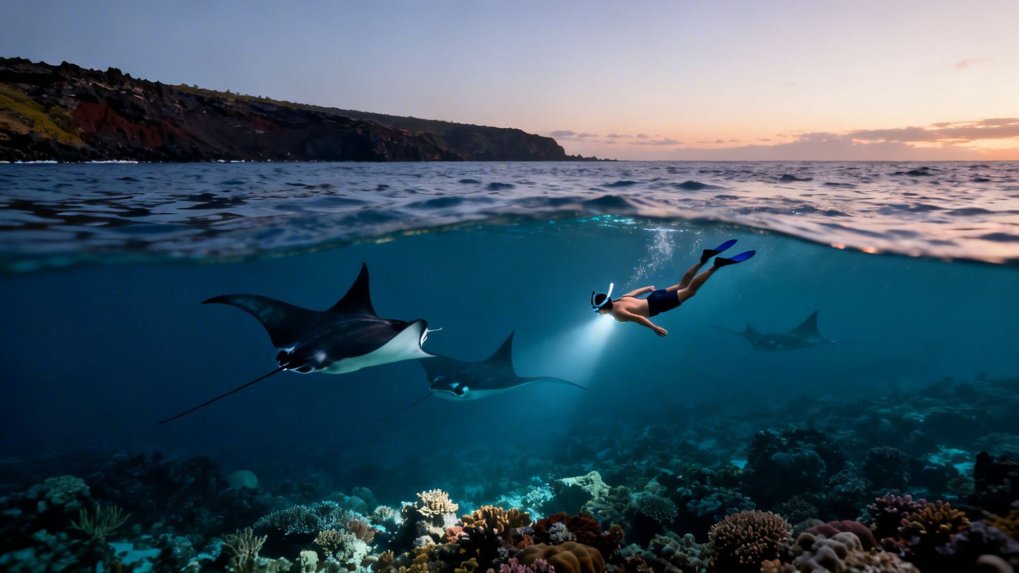 Snorkeler with flashlight swims near manta rays over coral reef at sunset.