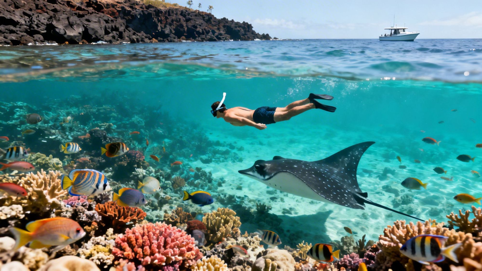 Snorkeler swims above coral reef with fish and a spotted eagle ray, with boat in the distance.