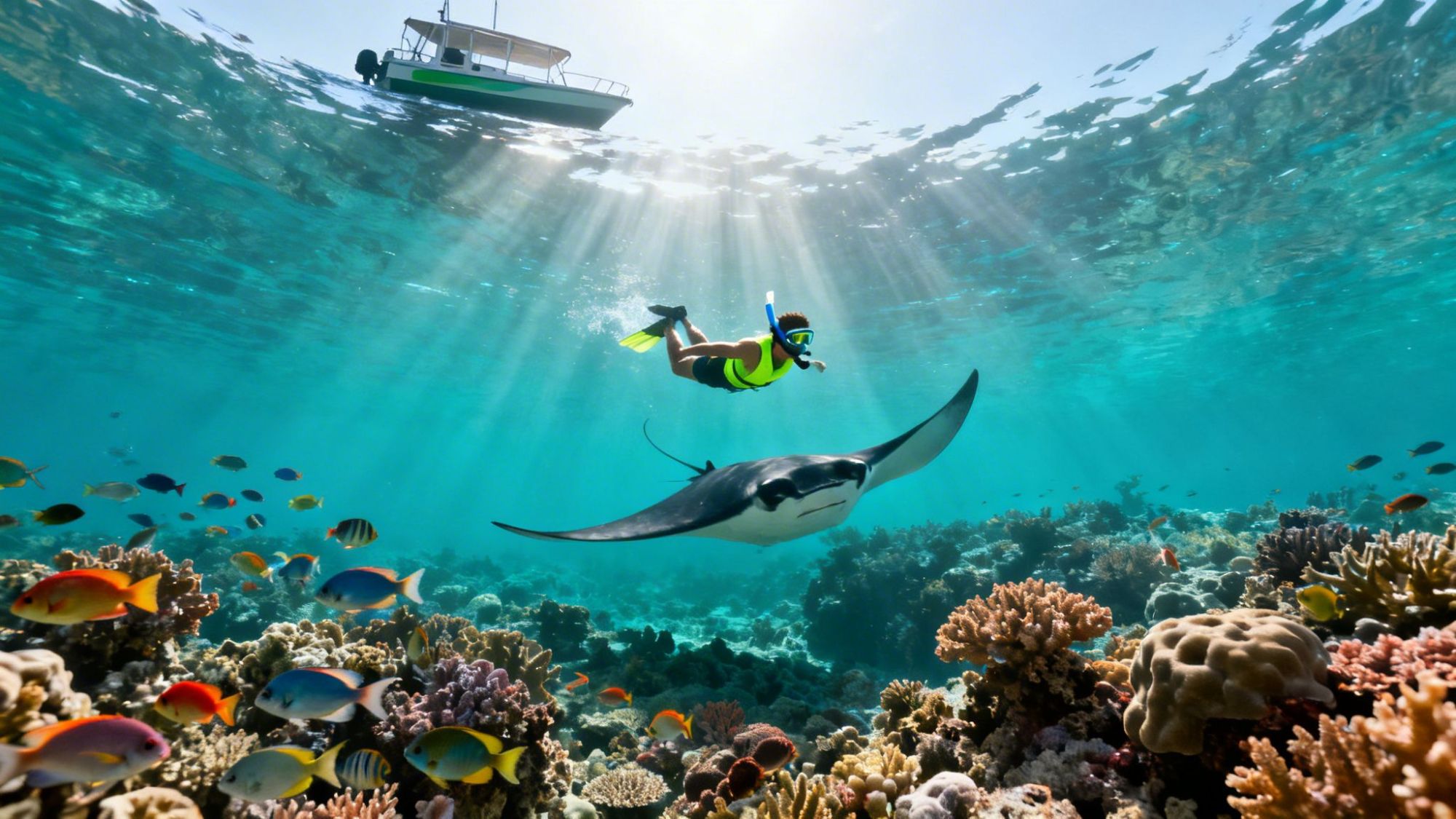 Snorkeler swims above a manta ray and colorful fish in clear blue water.