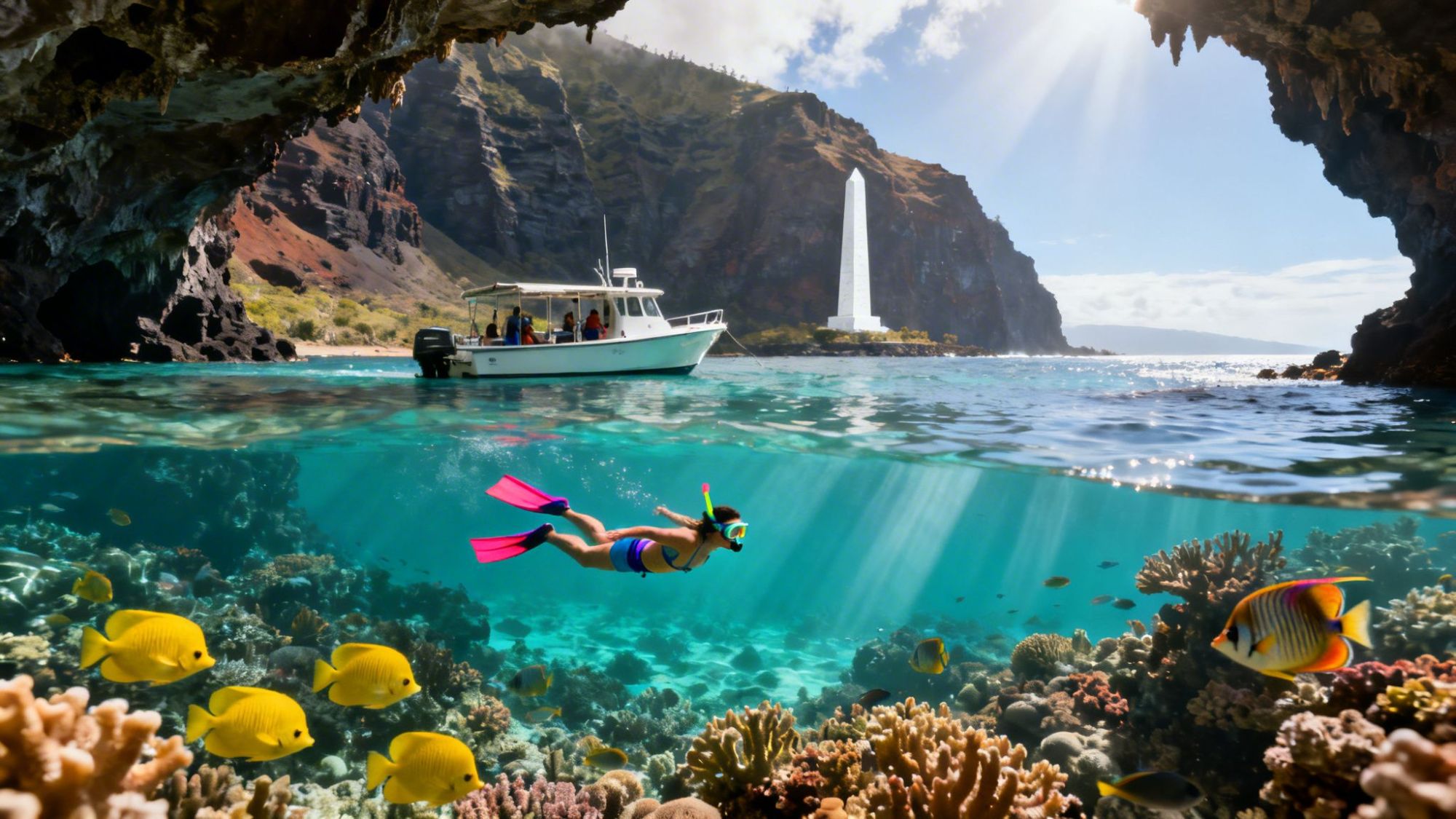 Snorkeler with pink fins swims above coral reef, near boat and rocky coast under sunny sky.