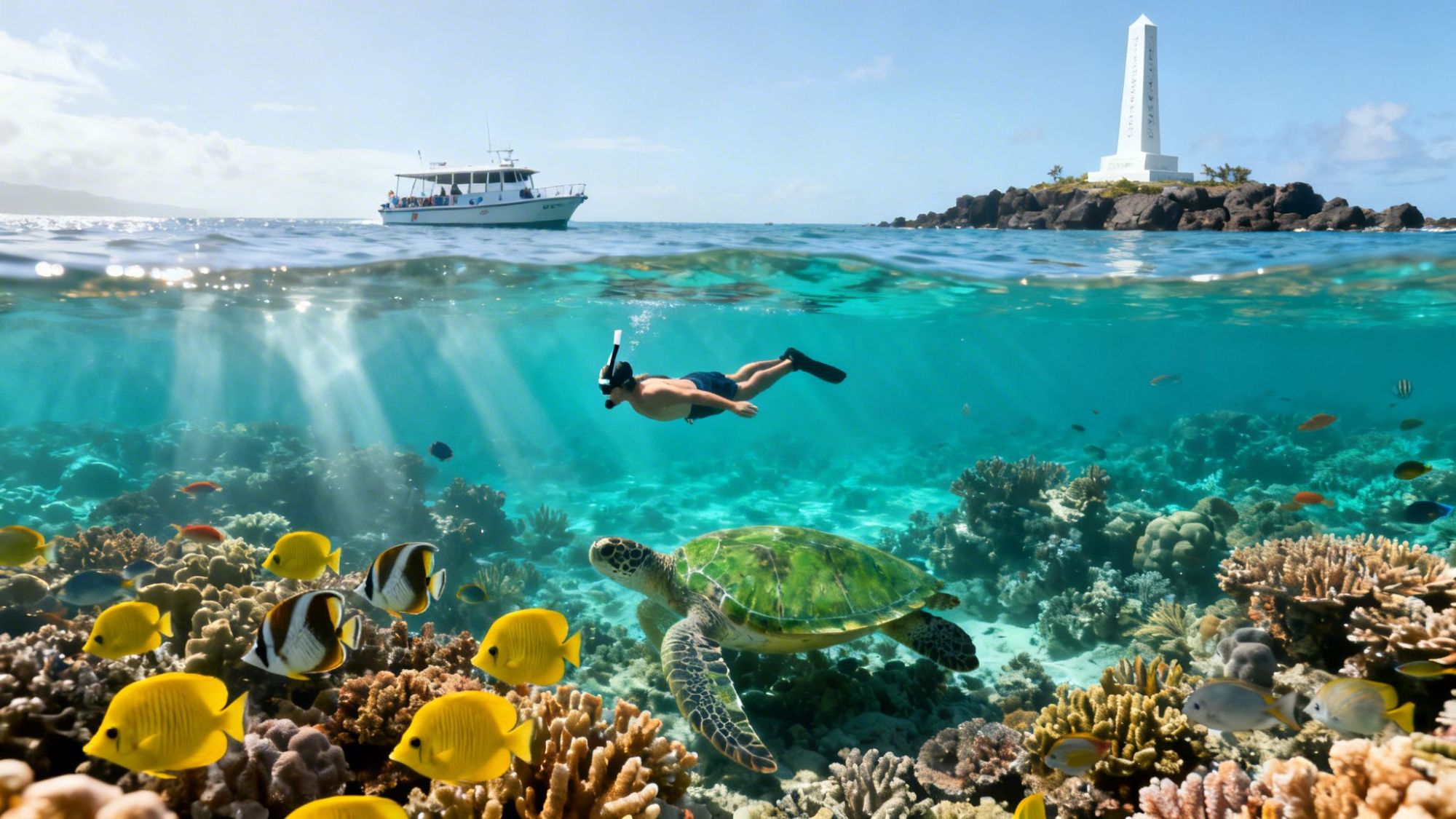 Snorkeler swims above coral reef with fish and sea turtle; boat and monument visible above water.