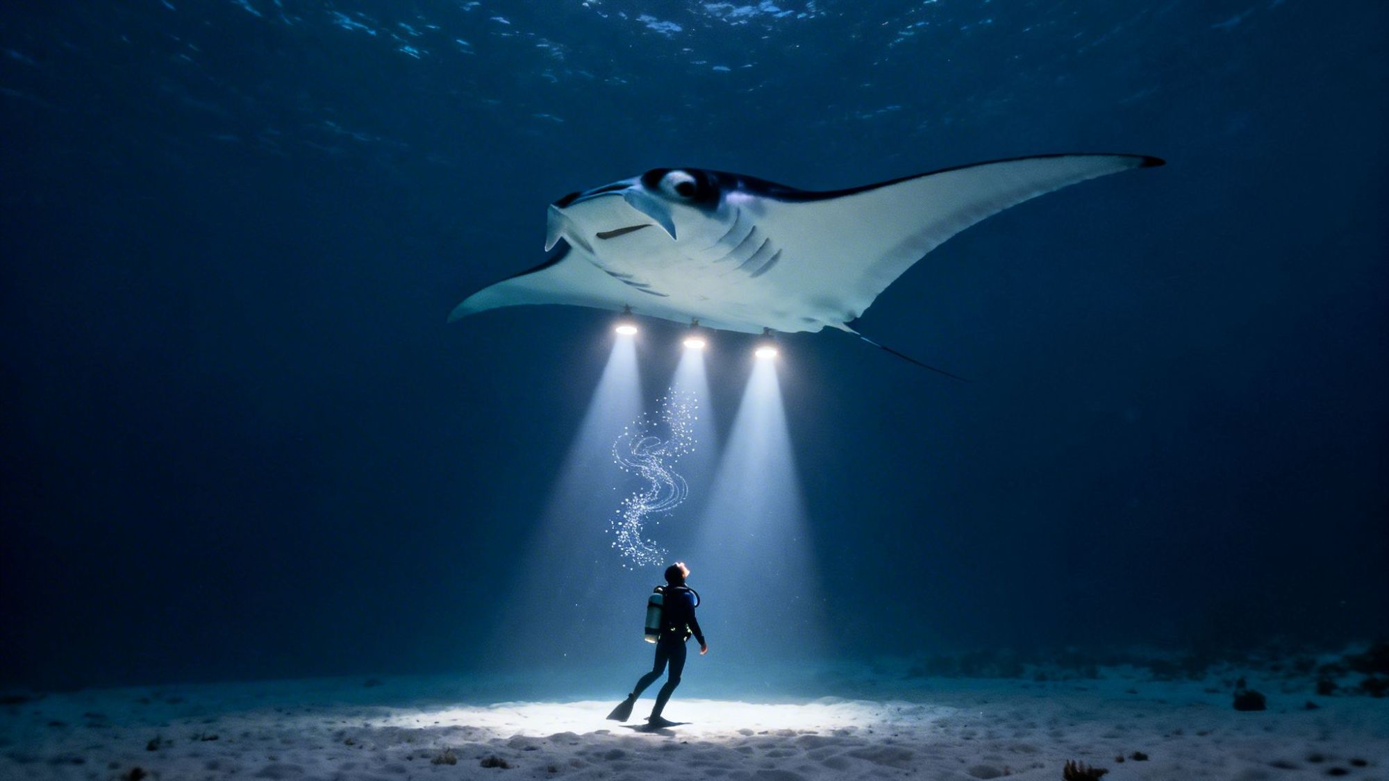 Scuba diver underwater illuminated by light shining from swimming manta ray above