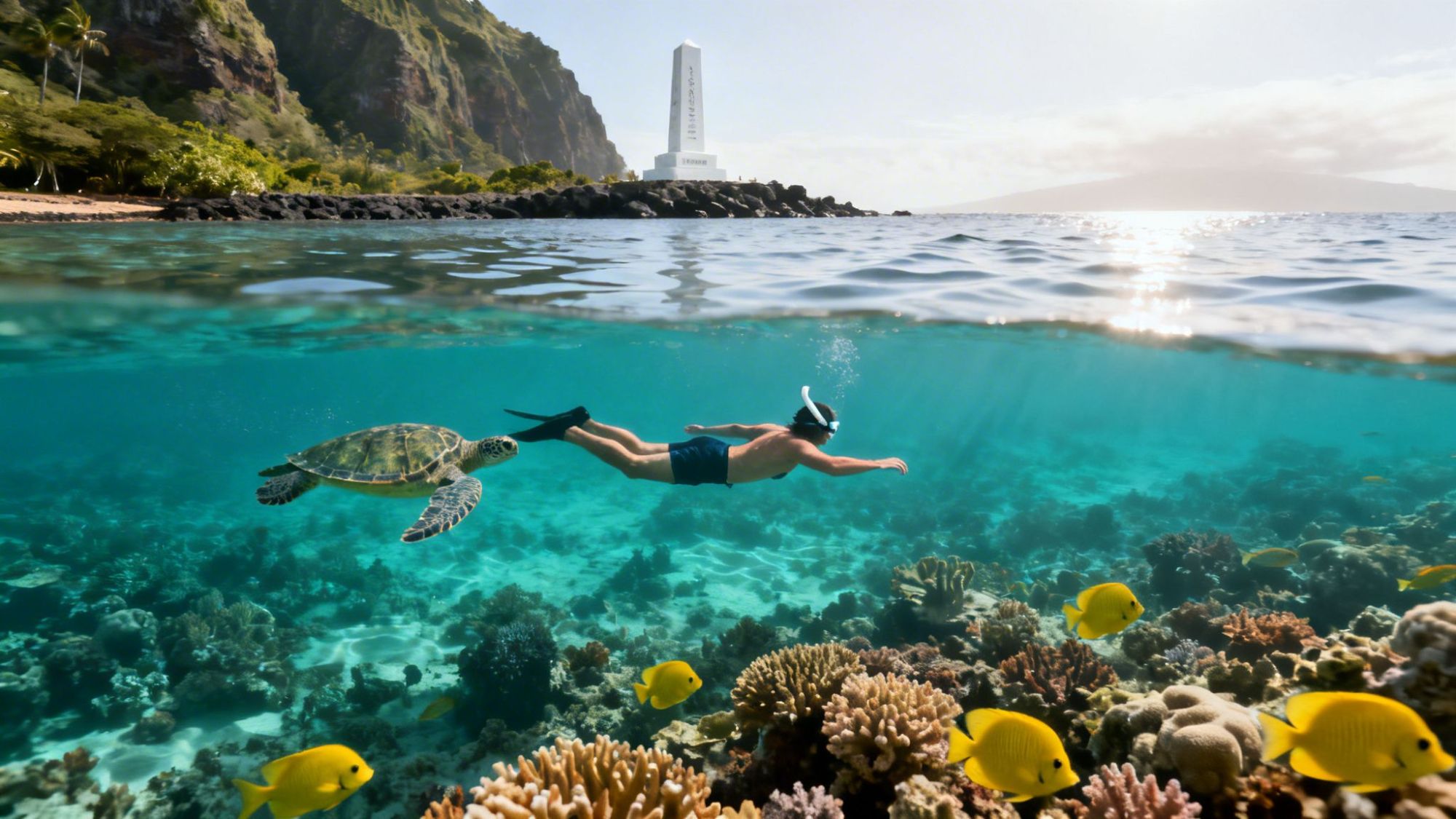 Person snorkeling with a turtle over coral reef near a beach and monument in the background.