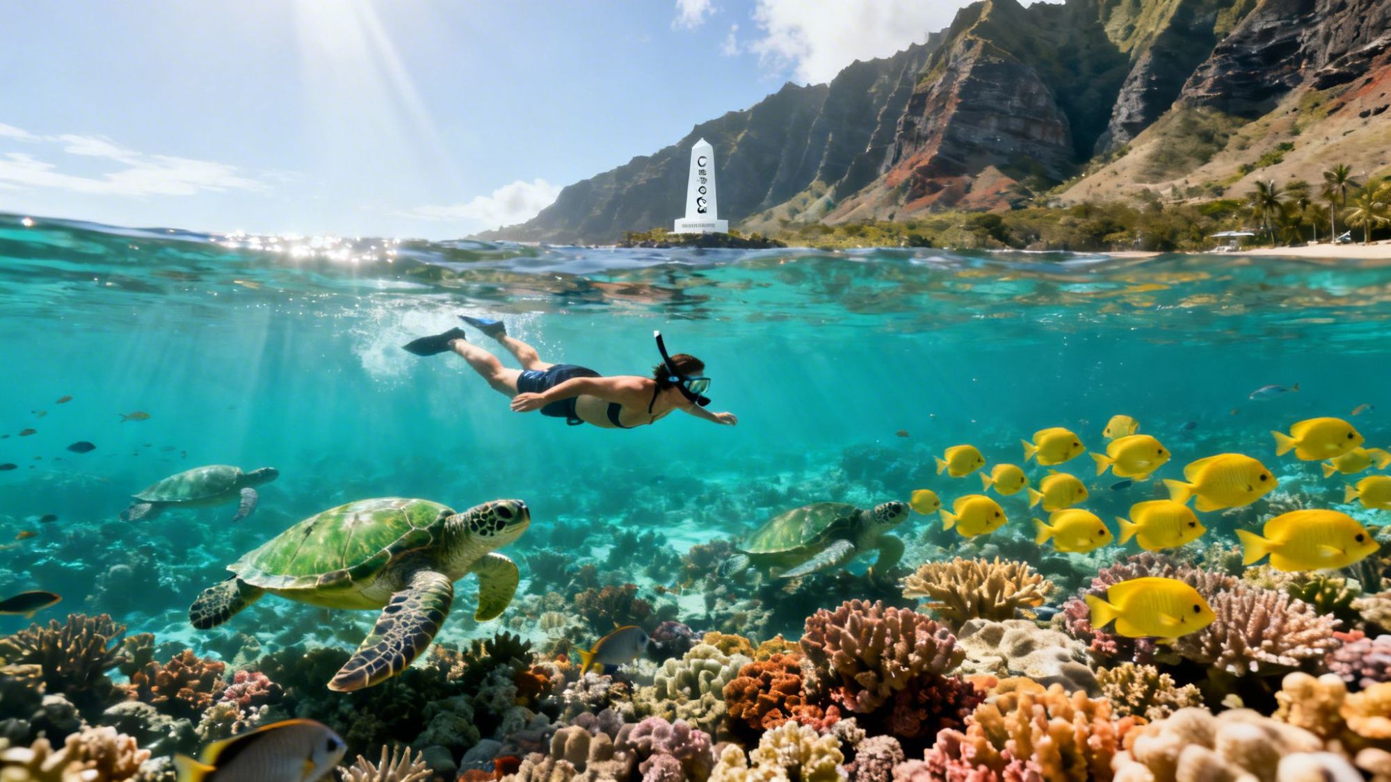Snorkeler swims with turtle and fish over coral reef in clear ocean near mountain coastline.