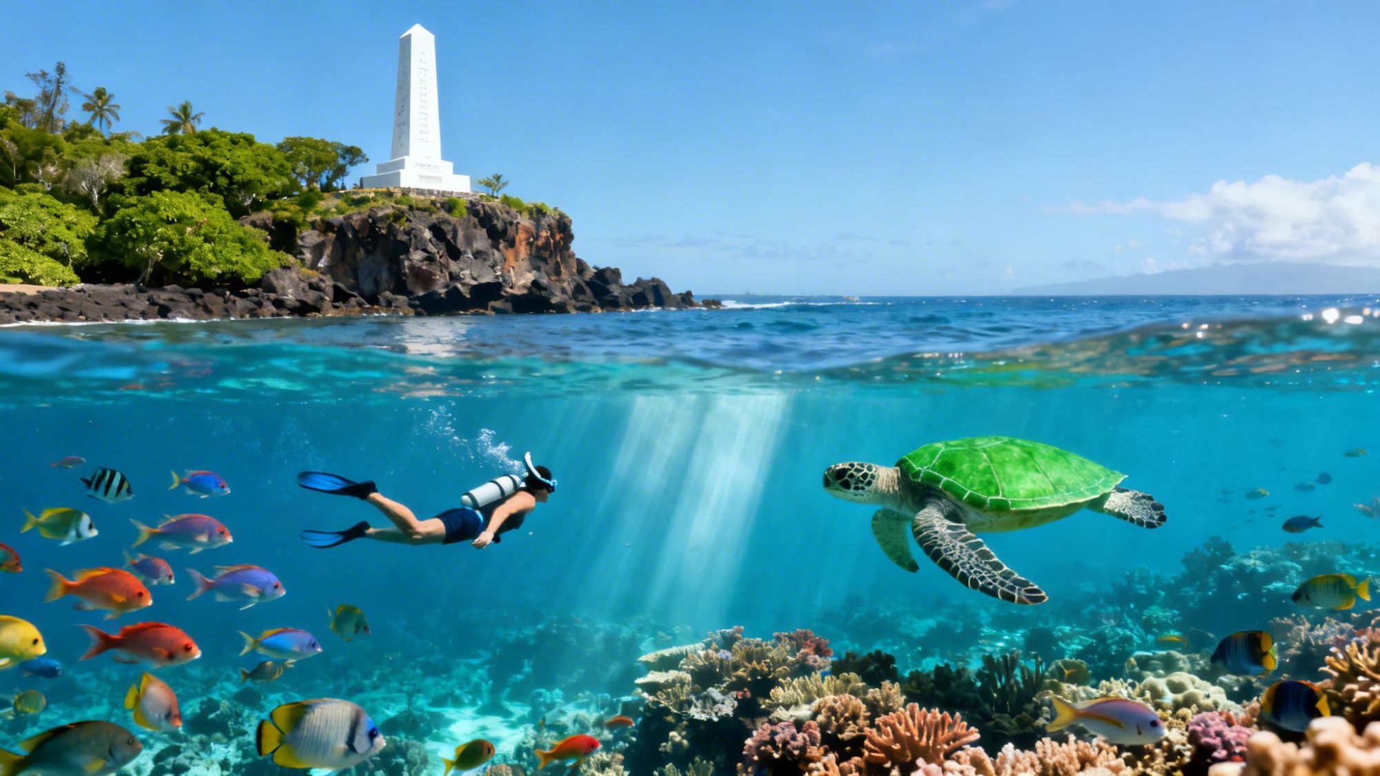 Snorkeler, sea turtle, and fish under clear ocean with monument on cliff above.