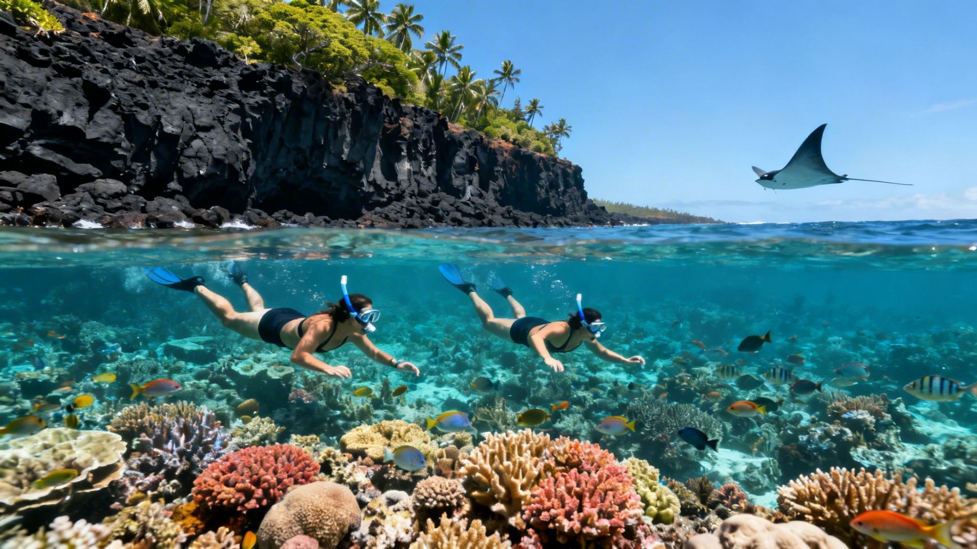Two snorkelers swimming over vibrant coral reef with a manta ray above the water.