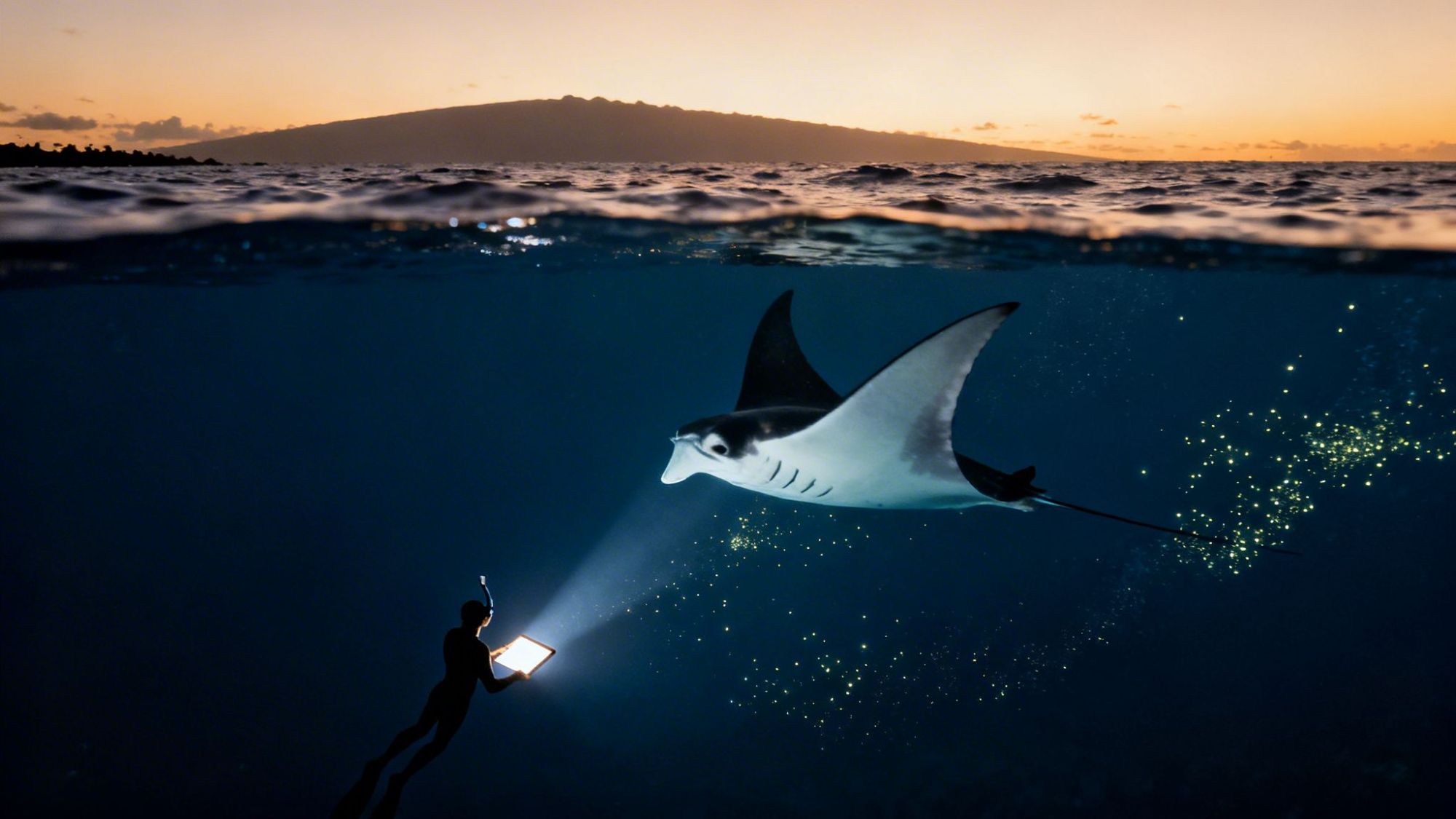 A diver illuminates a manta ray underwater at sunset with an island in the background.