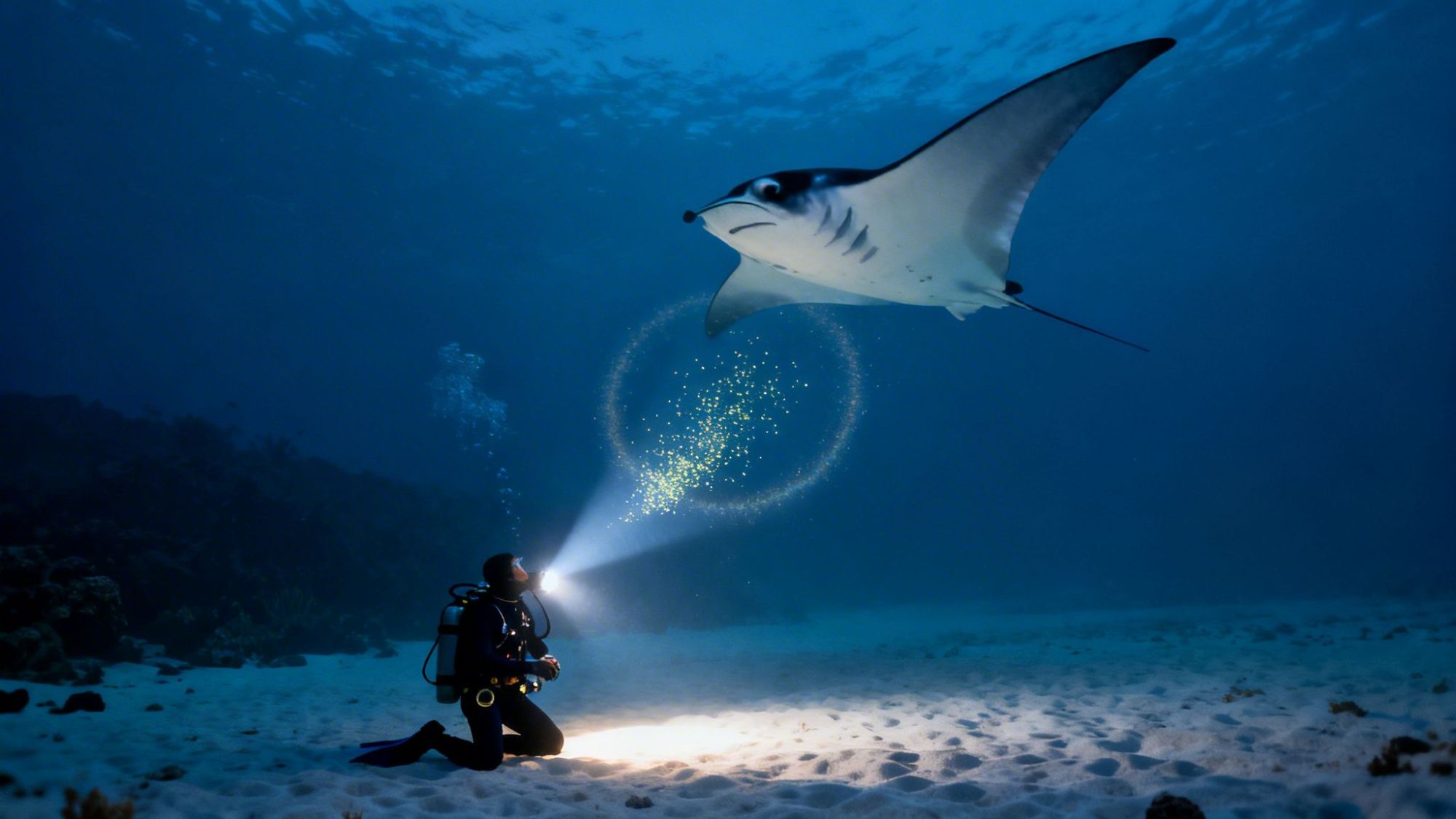 Diver with flashlight observing a manta ray underwater on sandy ocean floor.