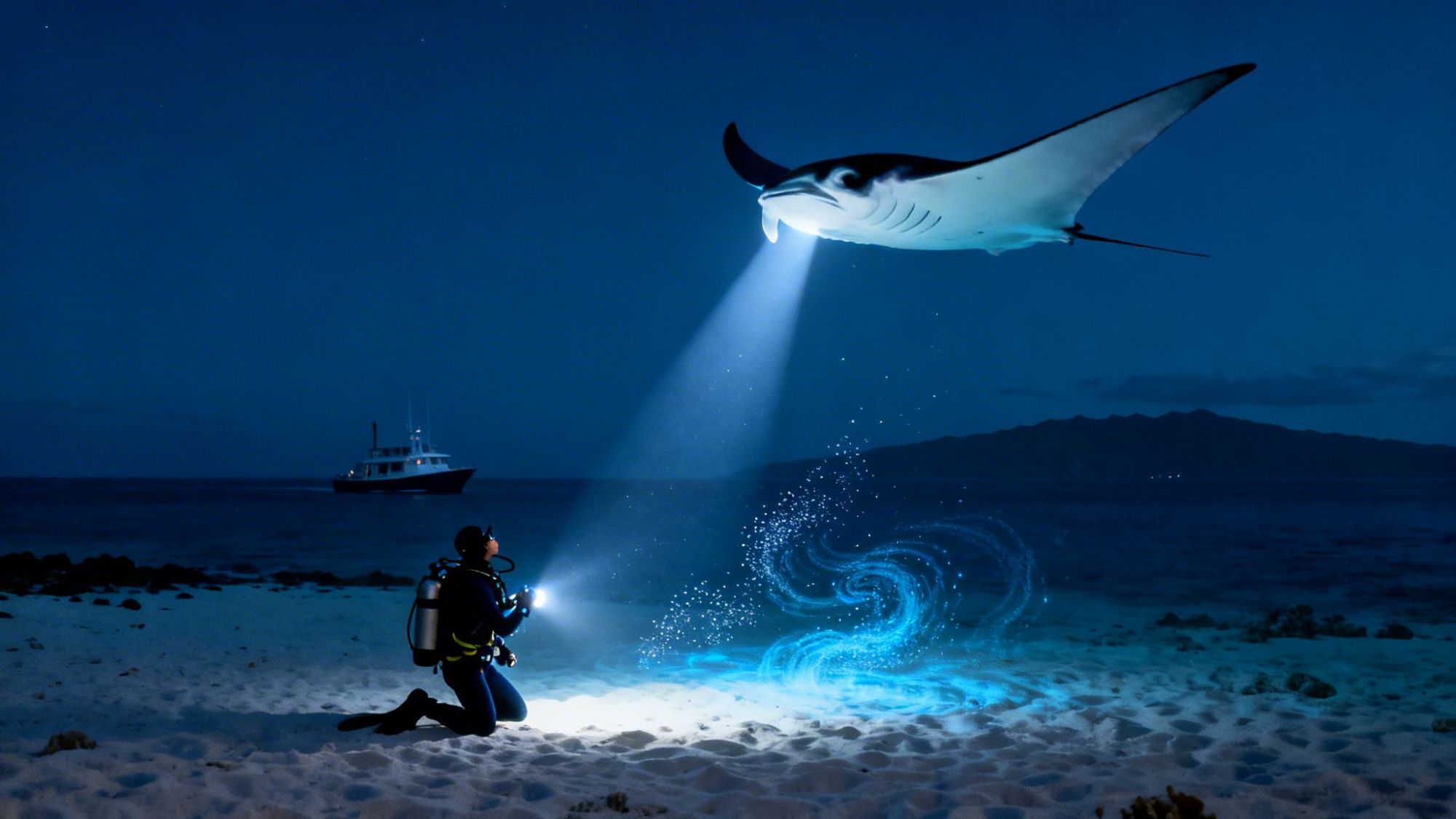 Scuba diver on sandy ocean floor under a manta ray illuminated by a flashlight at night.