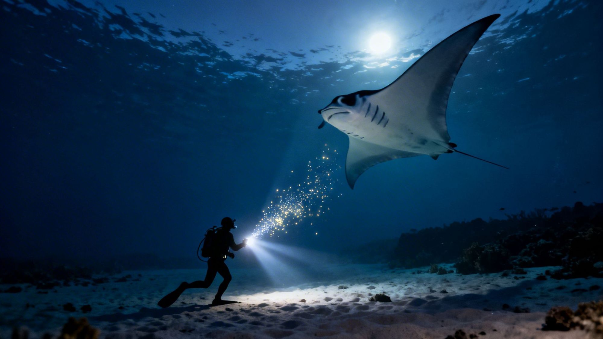 Diver with flashlight observing a manta ray underwater at night.