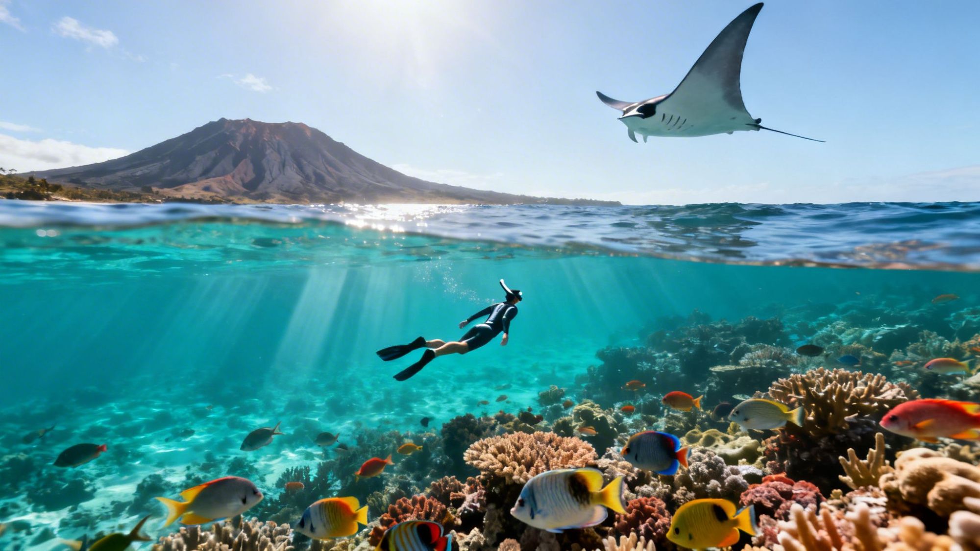 Snorkeler above coral reef with colorful fish, manta ray overhead, mountain in background, sunny sky.