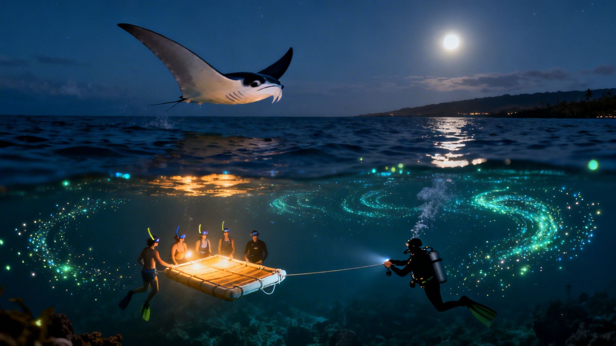 Night ocean scene with divers, glowing underwater lights, manta ray above water, and full moon.