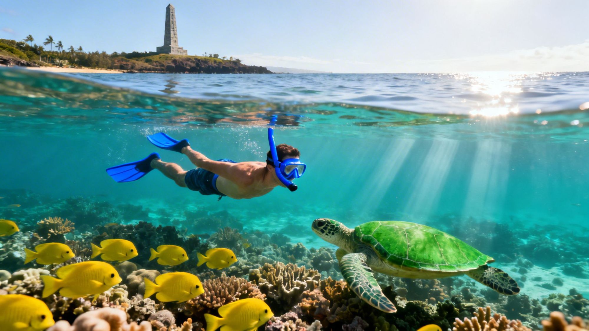 Snorkeler in blue fins swimming near a sea turtle and yellow fish in clear ocean water with a monument in the background.