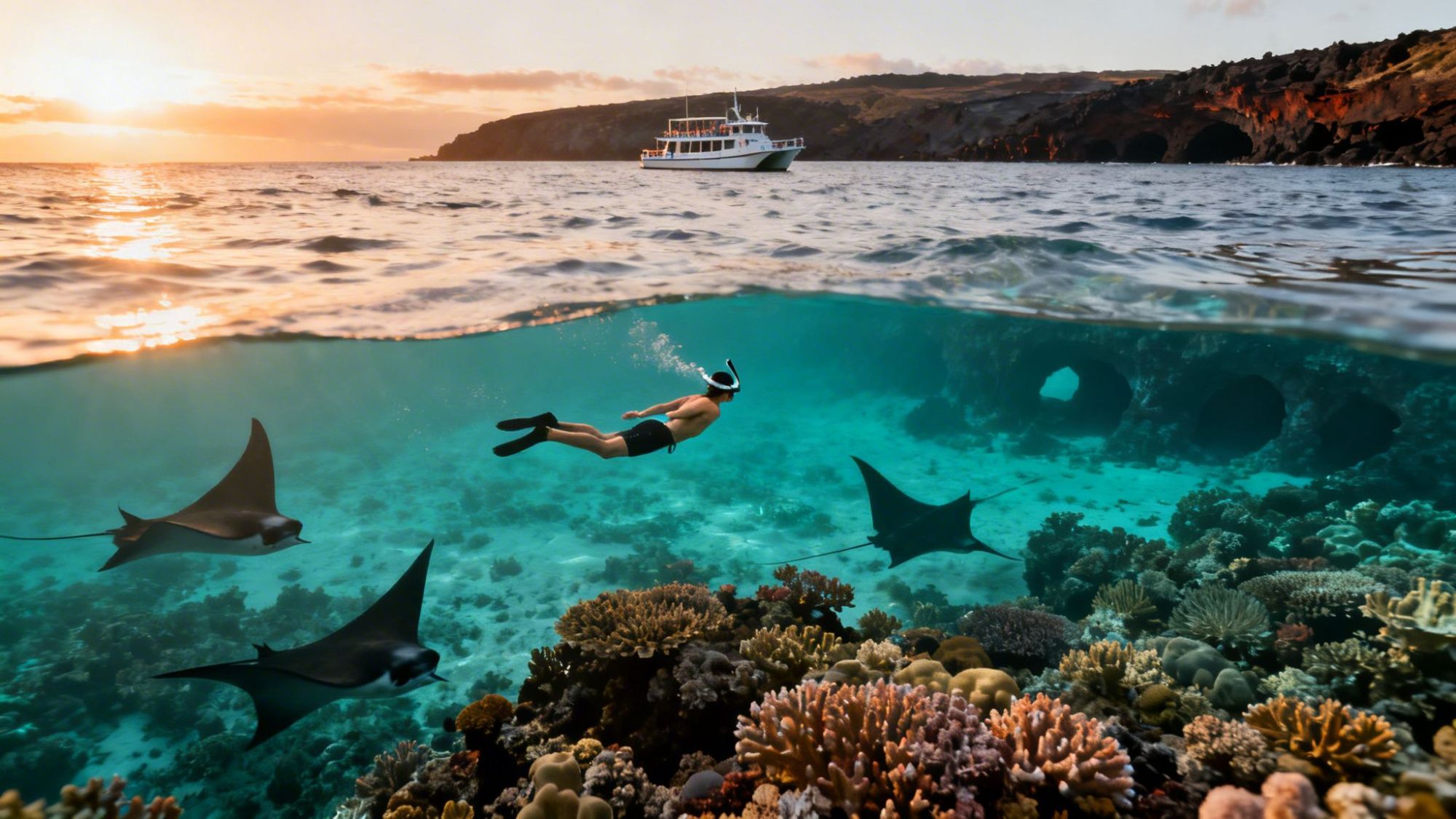 Snorkeler swimming over coral reef with manta rays, boat and cliffs in the background.