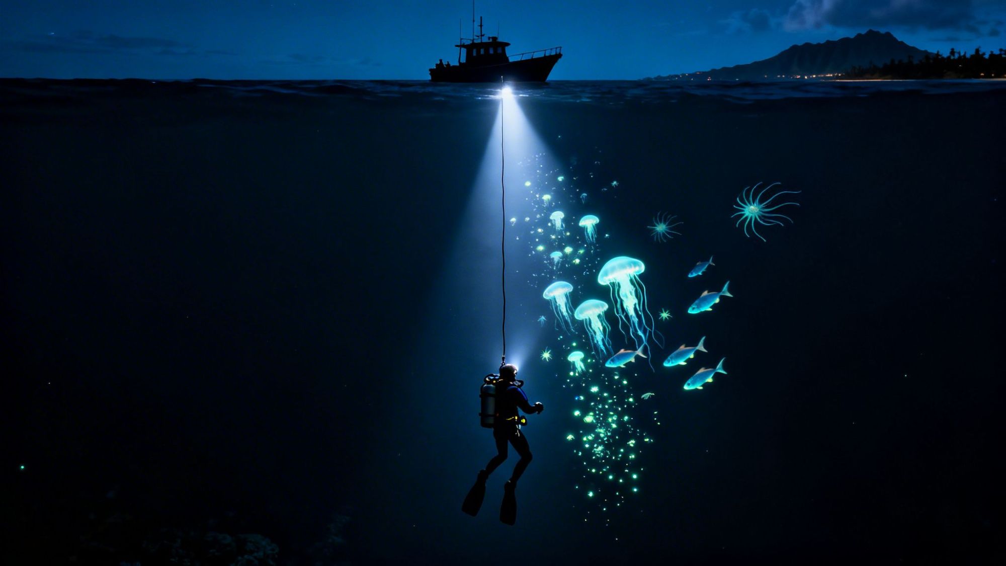 Diver illuminated by boat light, surrounded by glowing jellyfish and fish in dark ocean.