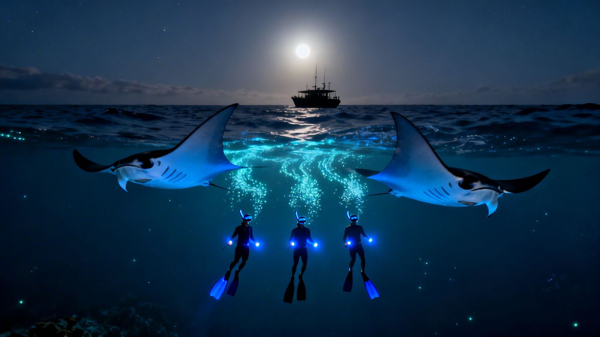 Divers and manta rays under a moonlit ocean, ship visible above.