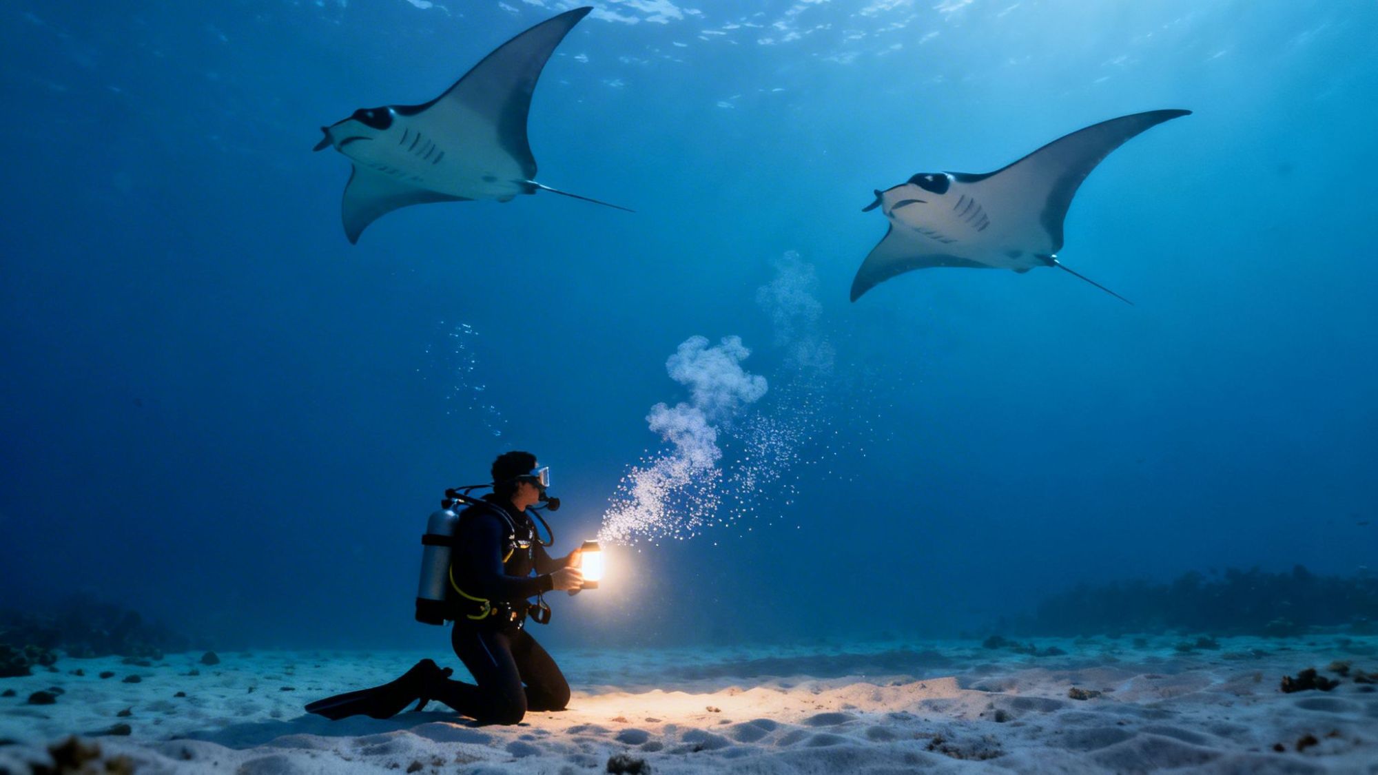 Diver with a light kneels on seabed, surrounded by two manta rays underwater.