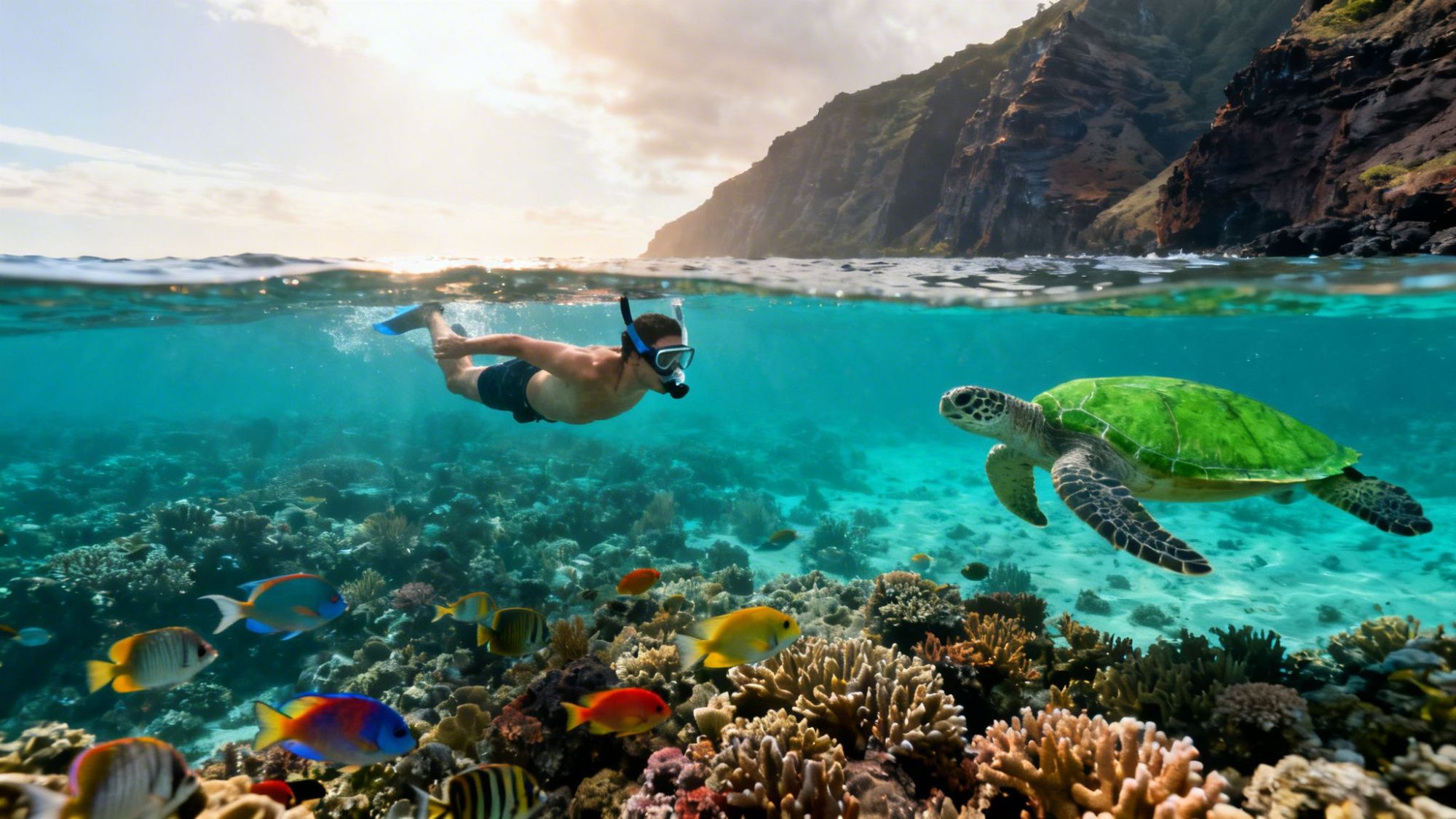 Snorkeler swims near a sea turtle and colorful fish over a coral reef with cliffs in the background.
