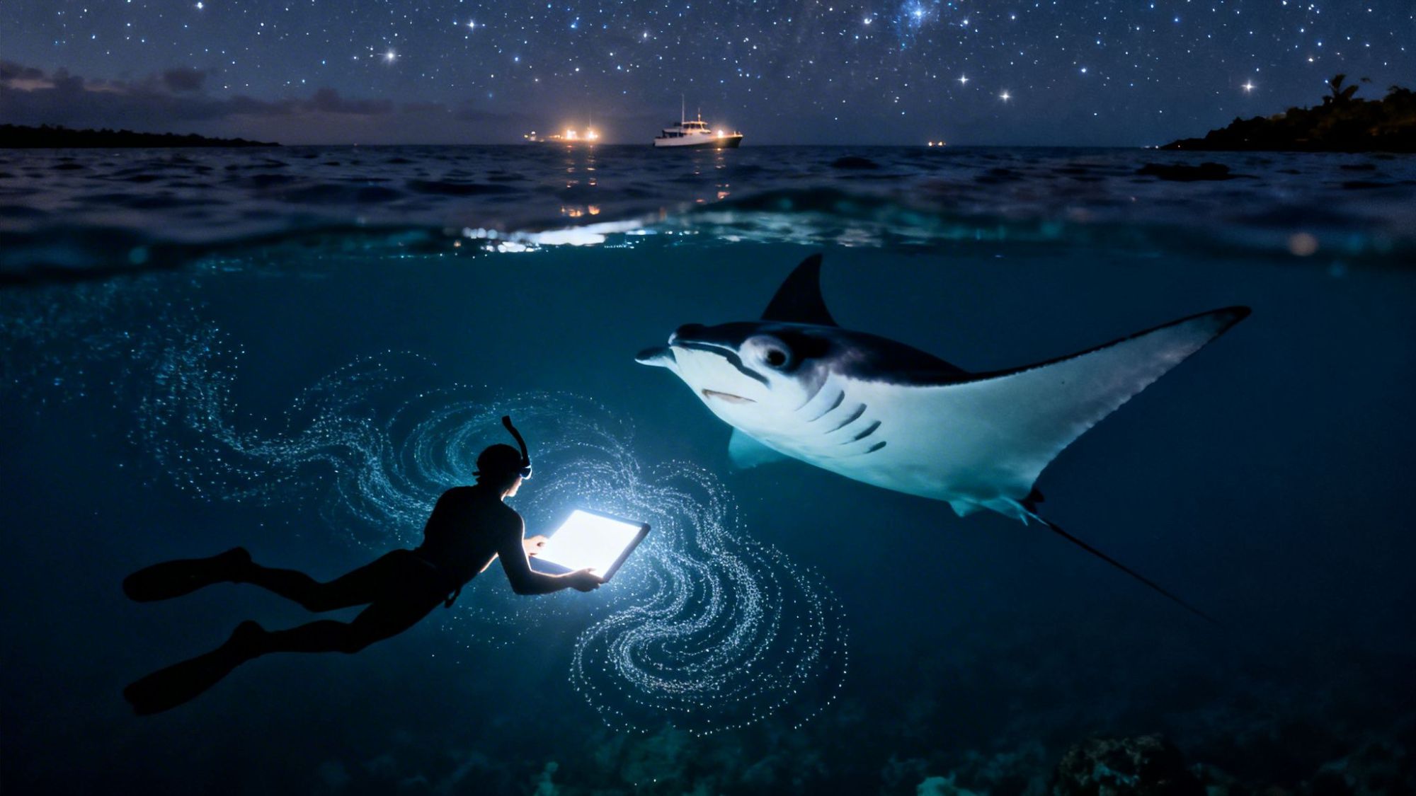 Diver with tablet and manta ray underwater at night with starry sky above.