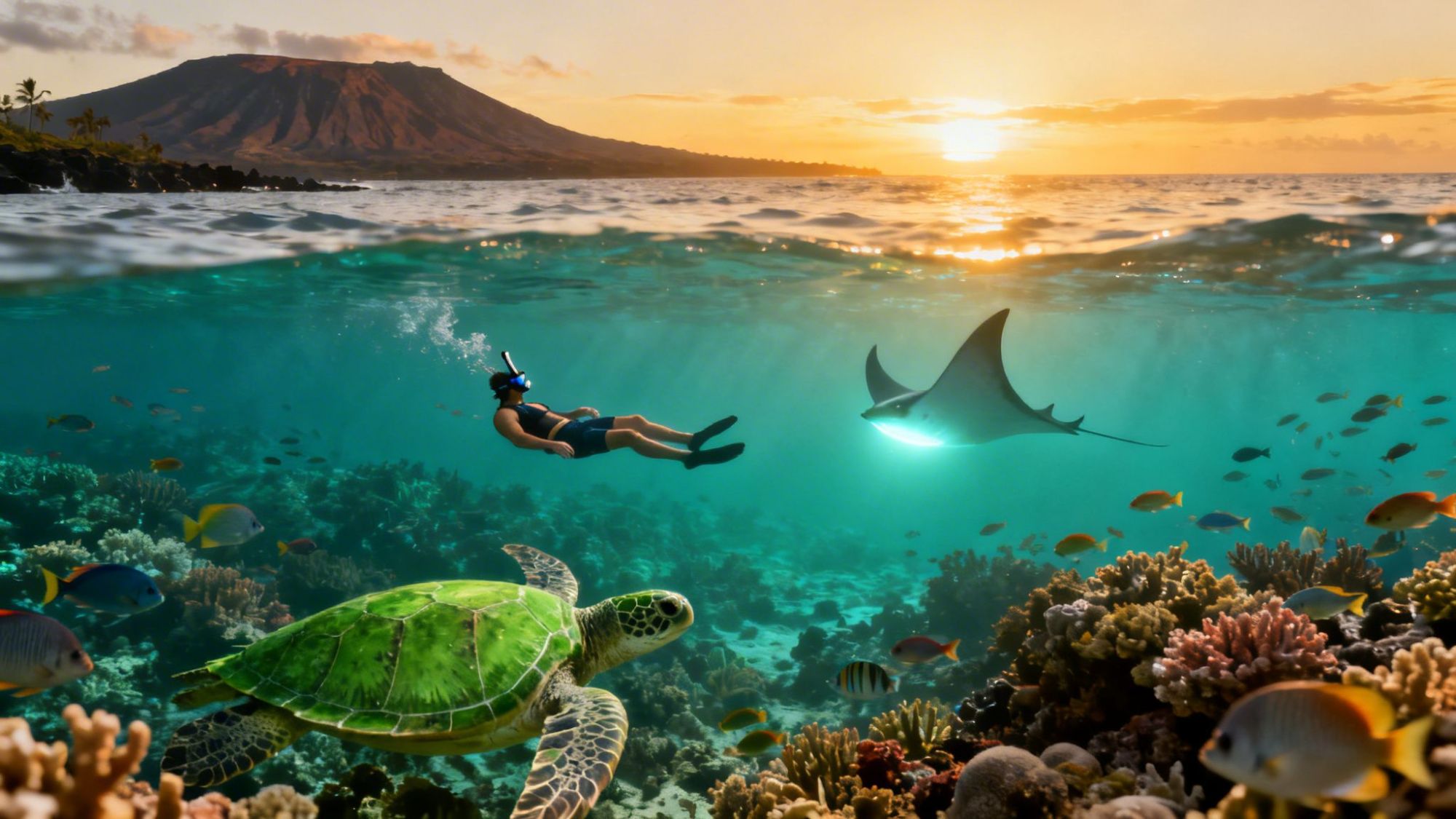 Snorkeler, manta ray, and turtle in vibrant coral reef, mountain silhouette at sunset