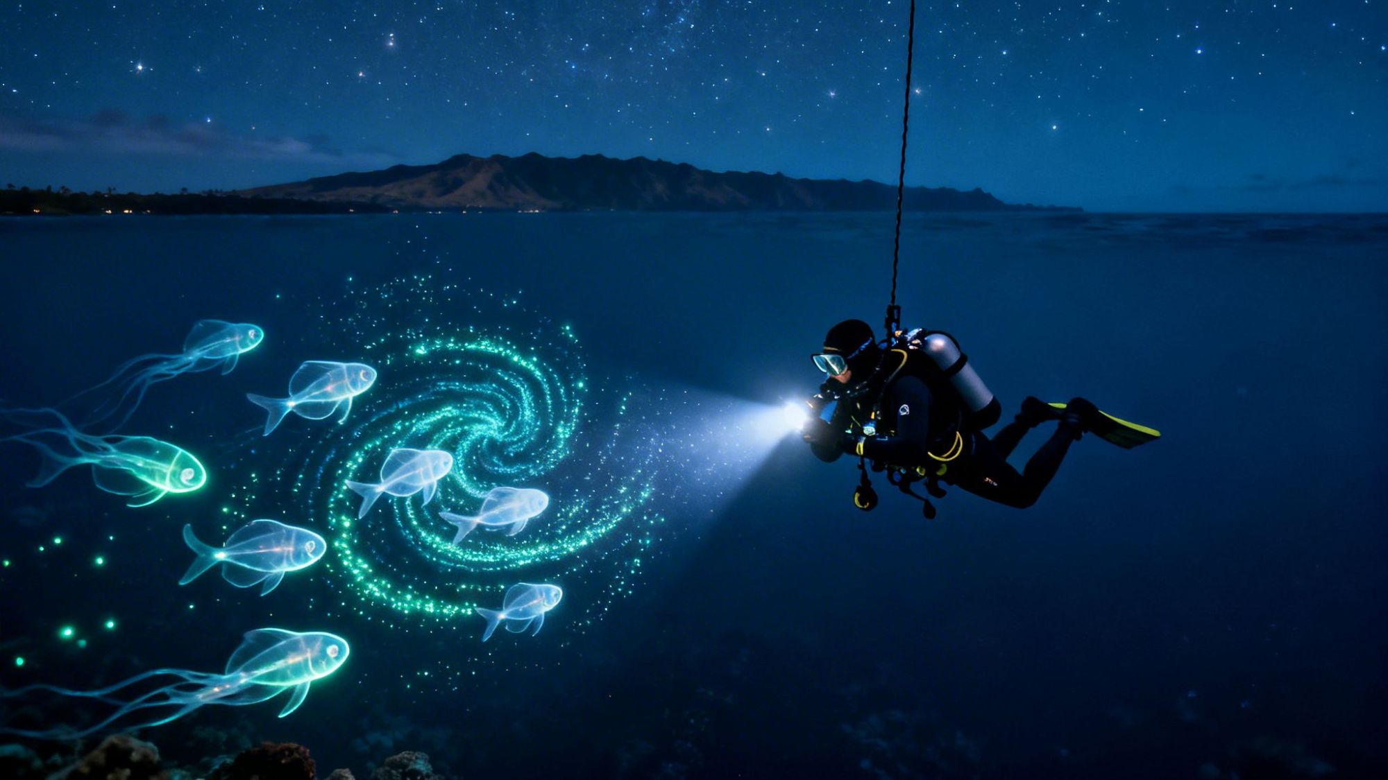 Diver underwater at night, shining a light on glowing fish and an underwater spiral under a starry sky.